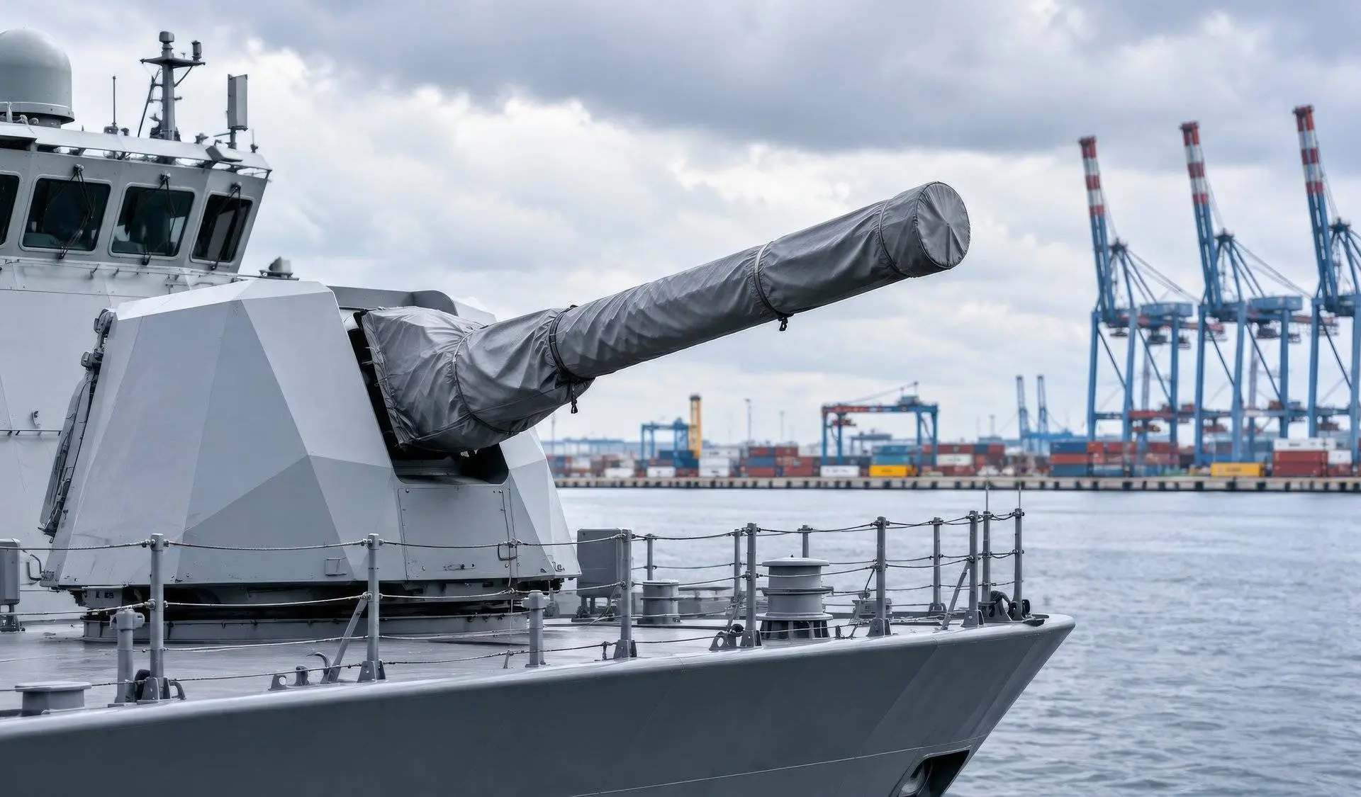 Afgedekt kanon op een marinefregat in de haven met containerkranen, symbool voor wapensystemen van Defensie die niet inzetbaar zijn