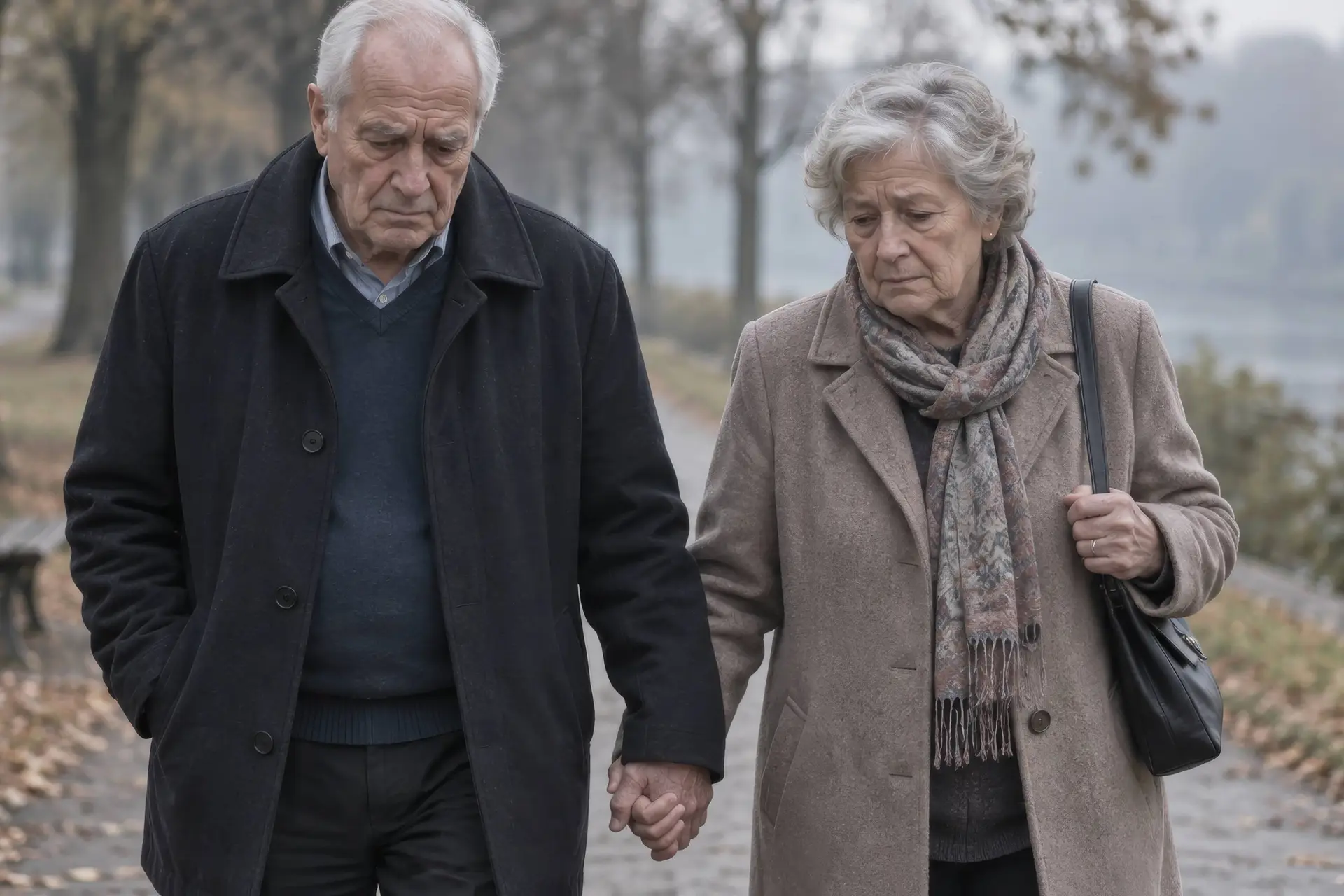 Ouder echtpaar loopt hand in hand over een herfstig pad langs het water