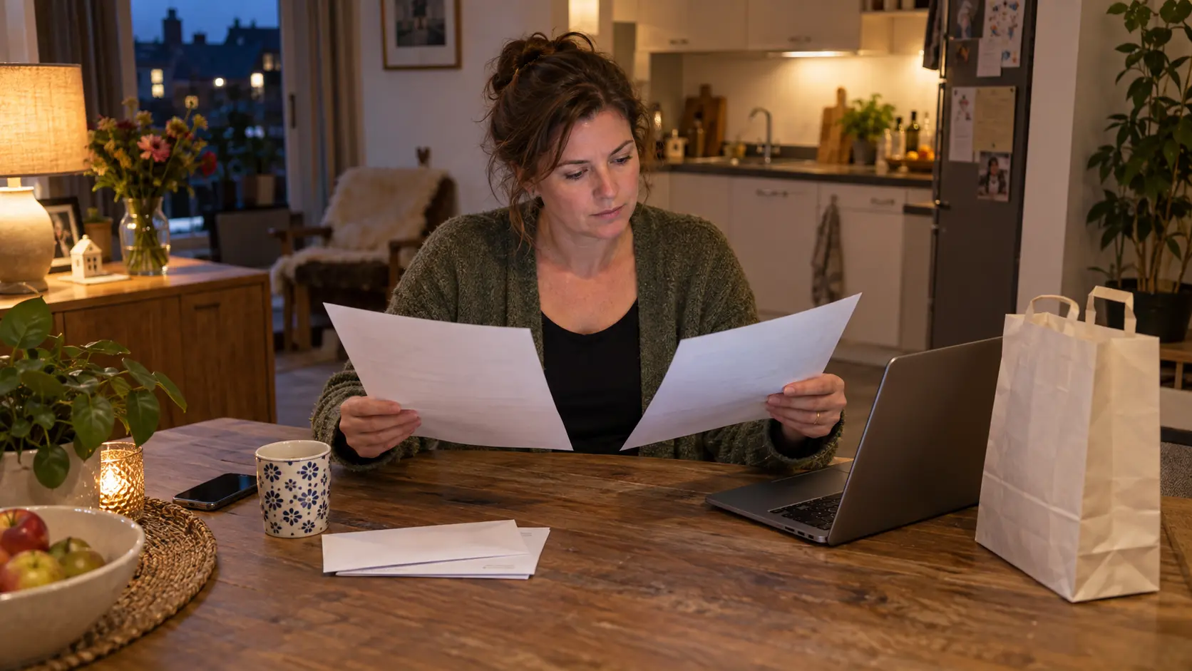 Vrouw aan de keukentafel vergelijkt twee brieven, met een laptop en een apothekerszakje naast zich.