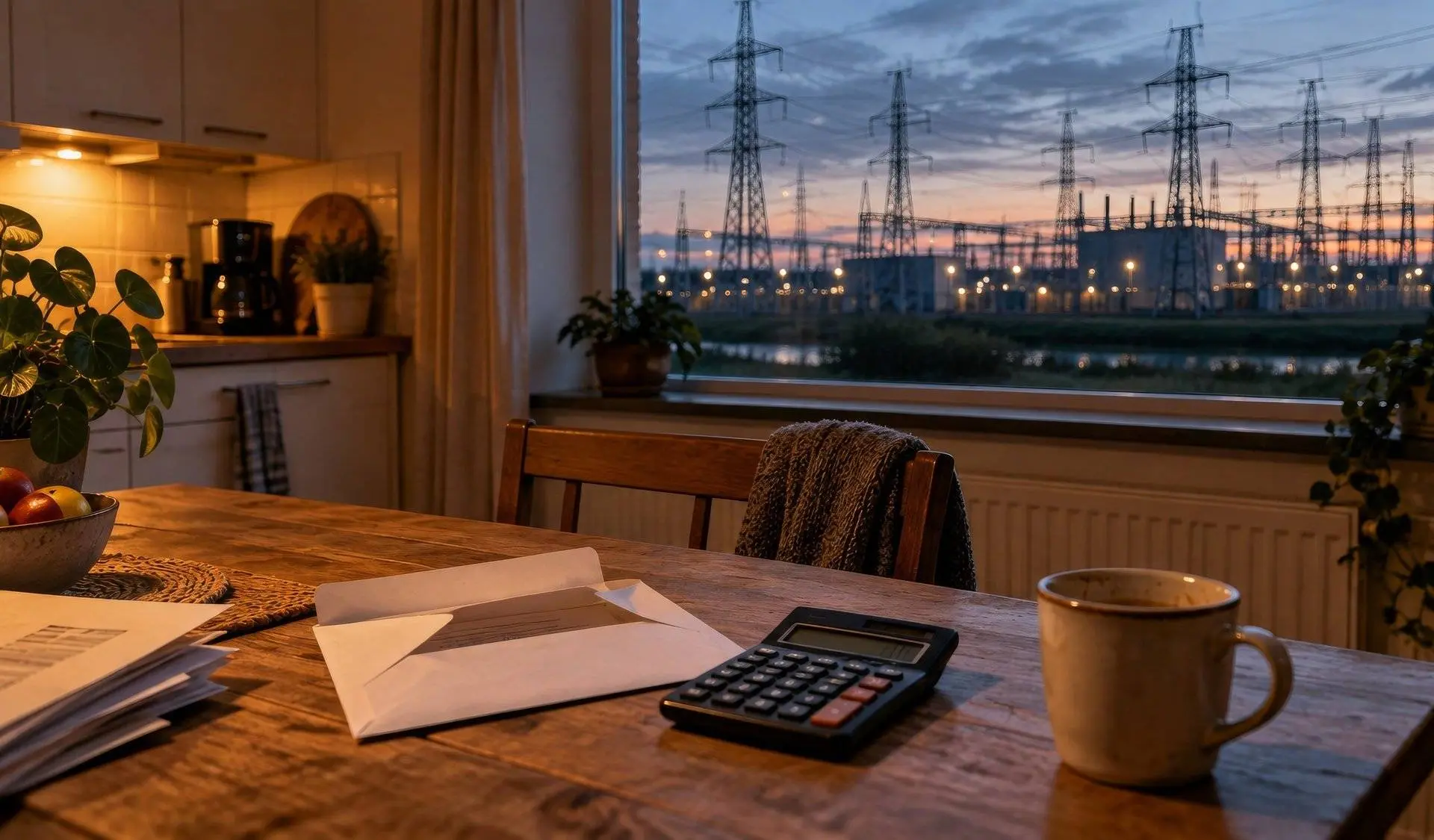 Rekenmachine en geopende envelop op een keukentafel met hoogspanningsmasten buiten, symbool voor de stijgende energierekening