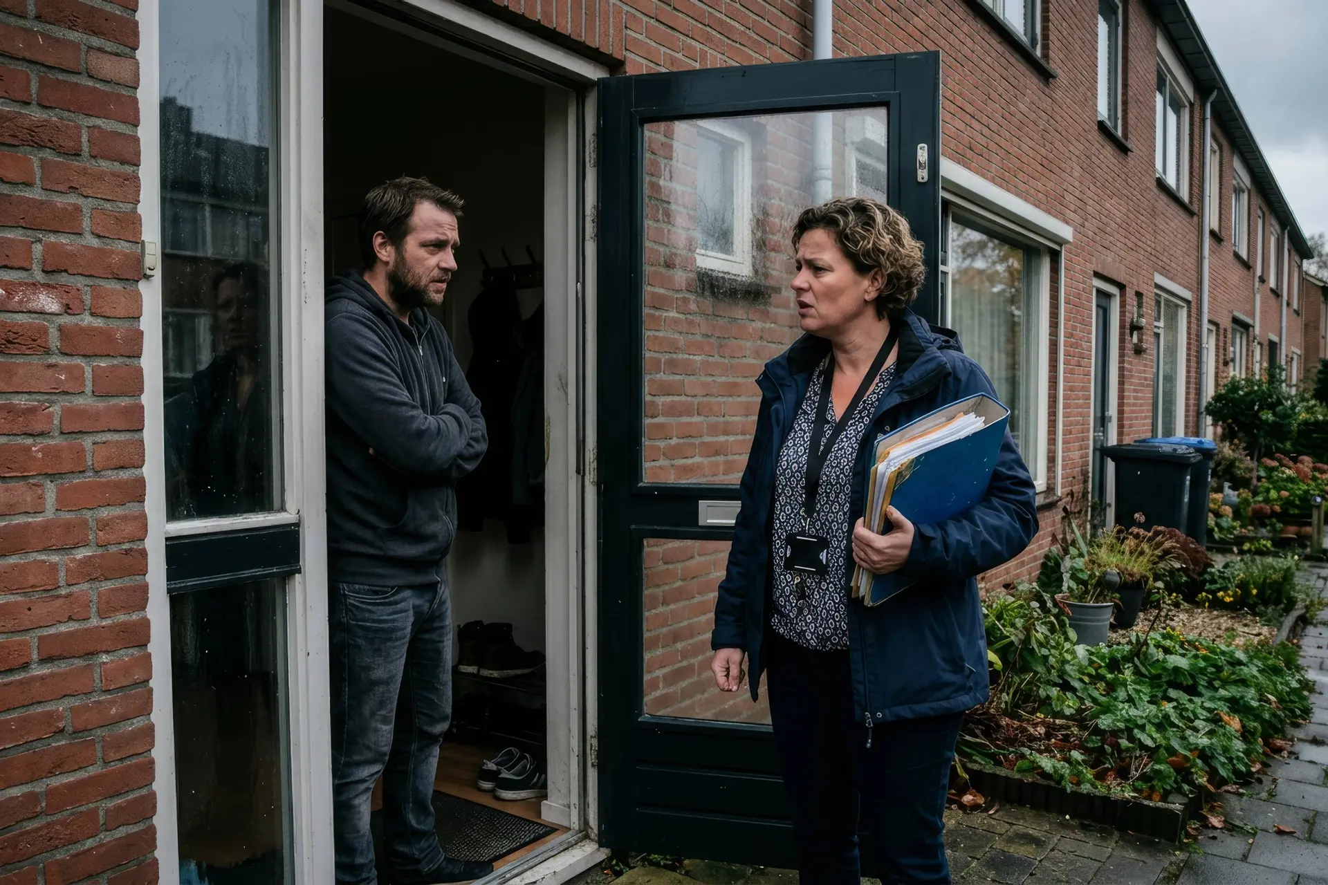 Medewerker van de gemeente met een map praat bij de voordeur met een bewoner