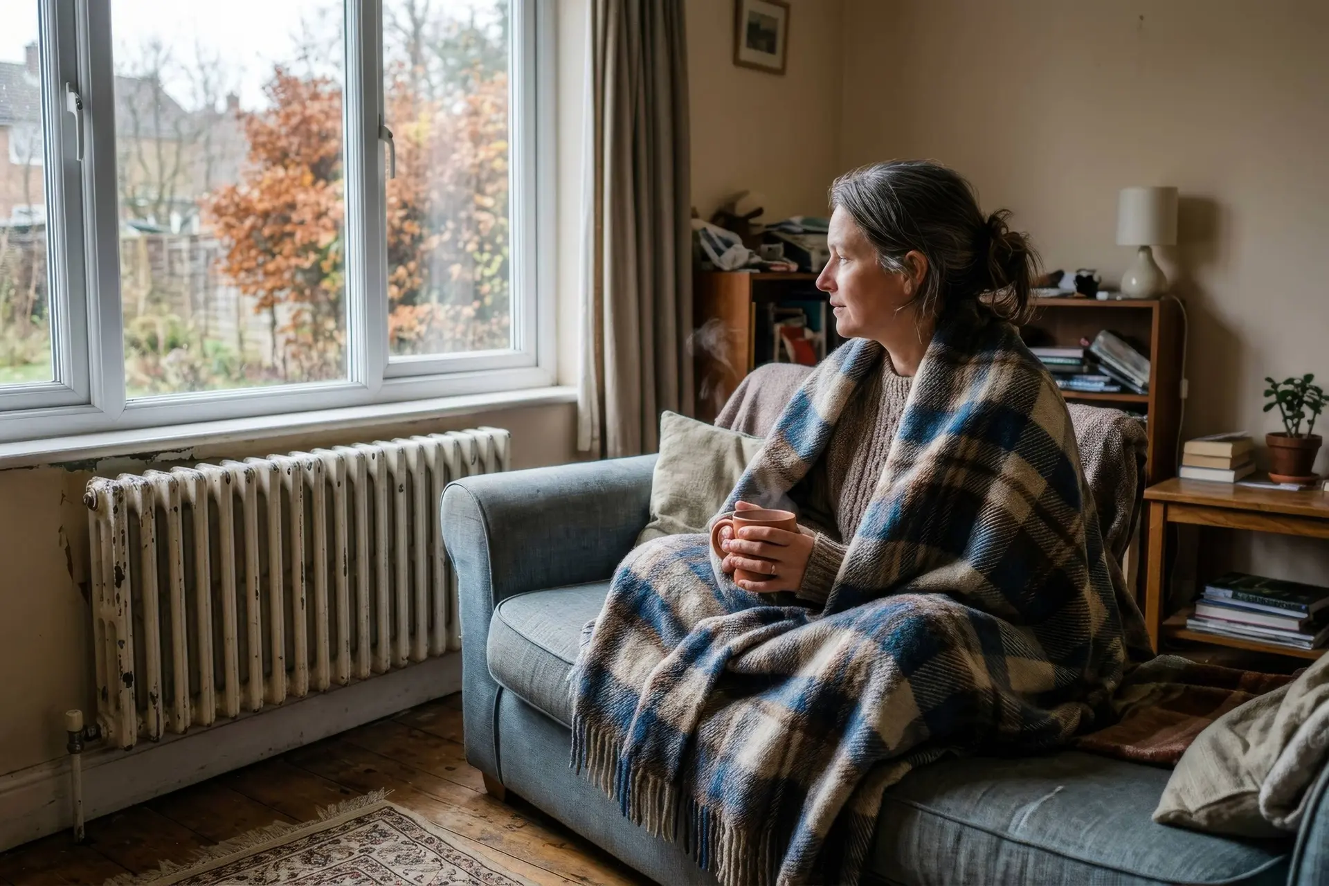 Vrouw met een wollen deken om zit op de bank en kijkt naar een radiator onder het raam