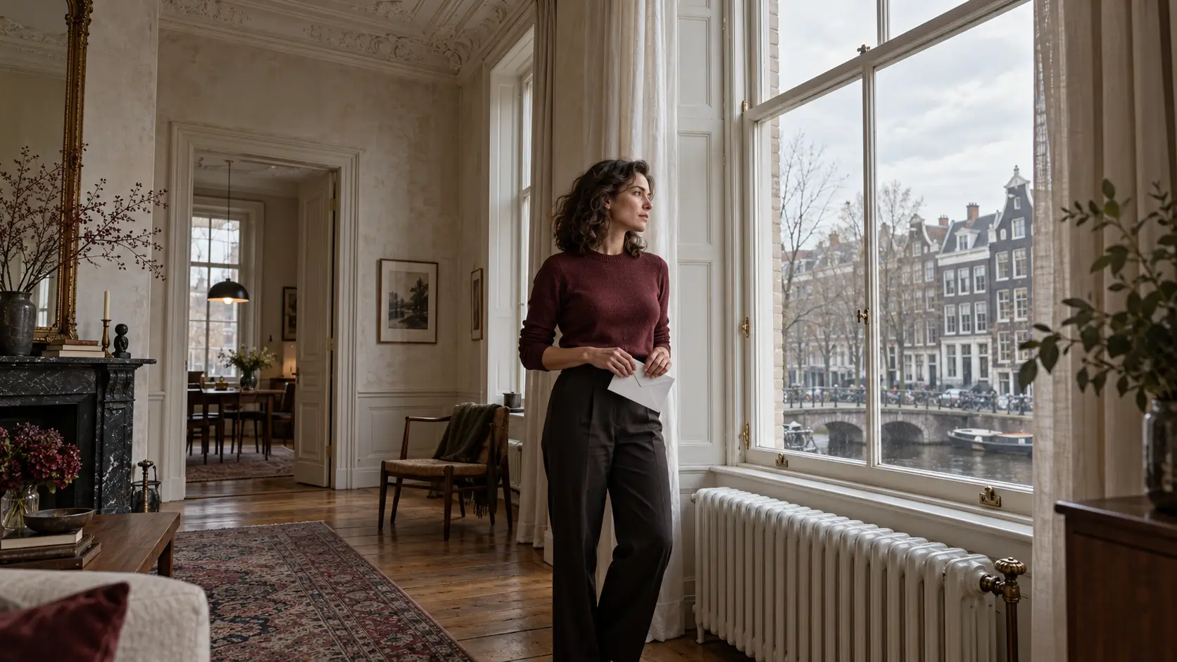 Vrouw met een envelop bij het raam van een oud appartement met hoge plafonds