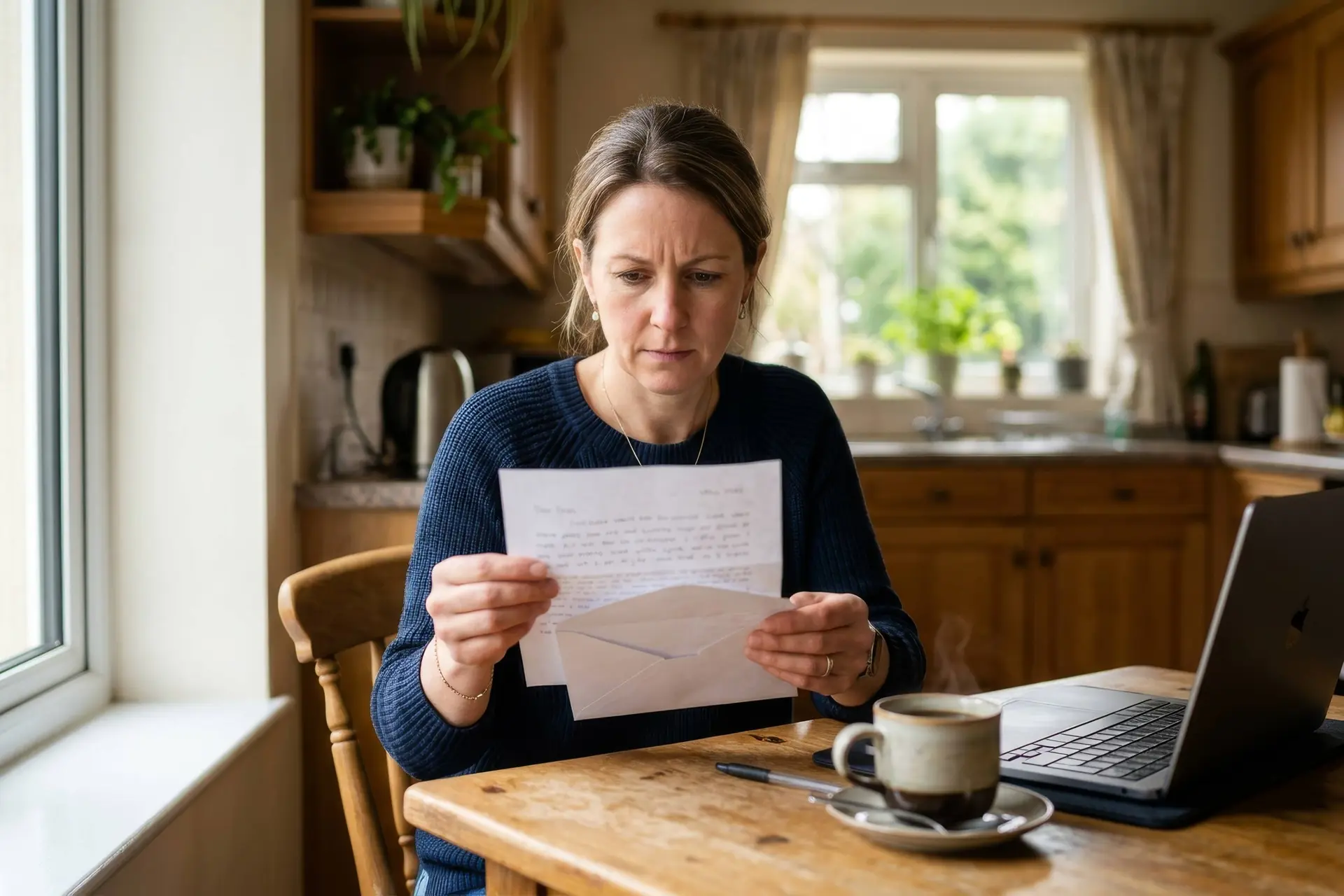 Vrouw aan de keukentafel leest een geopende brief, met een laptop naast zich