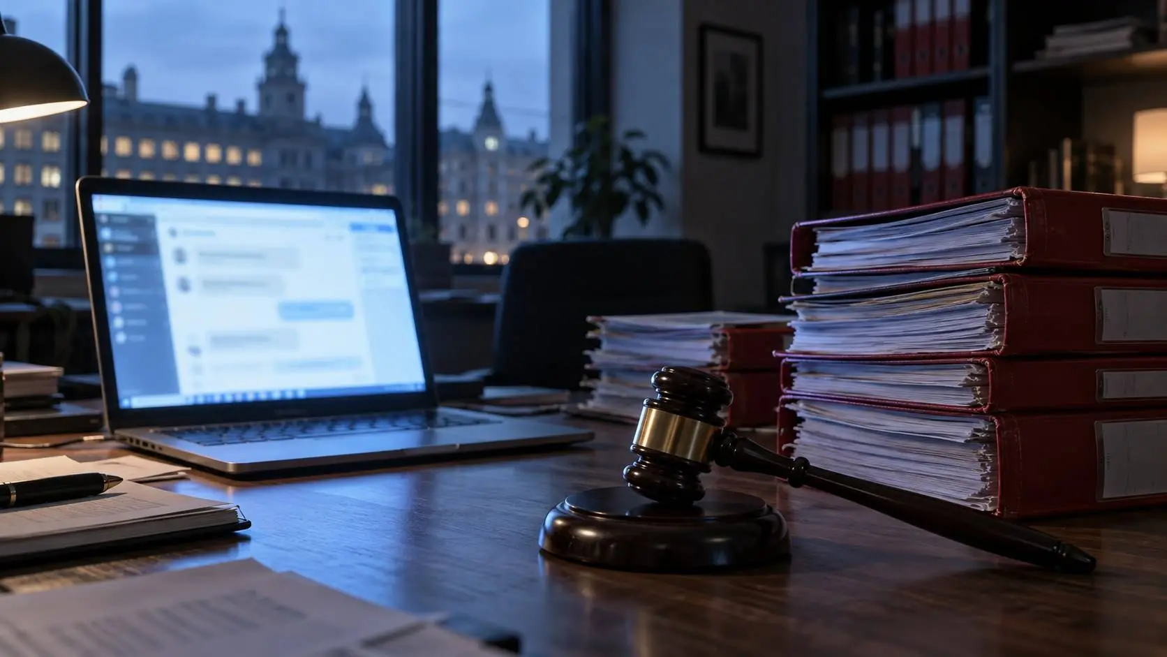 Laptop met chatvenster naast stapels dossiers en een rechtershamer, symbool voor AI-gebruik bij asielzaken van de IND