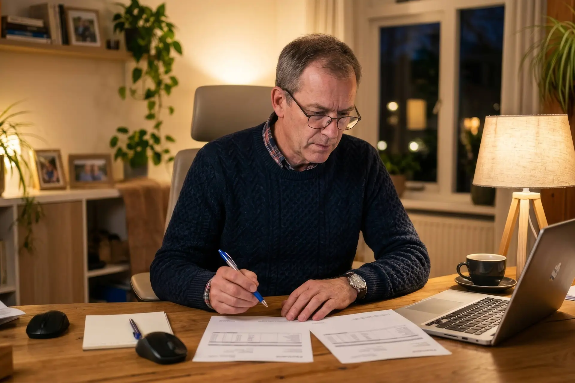 Man vergelijkt aan zijn bureau twee loonstroken naast een opengeklapte laptop