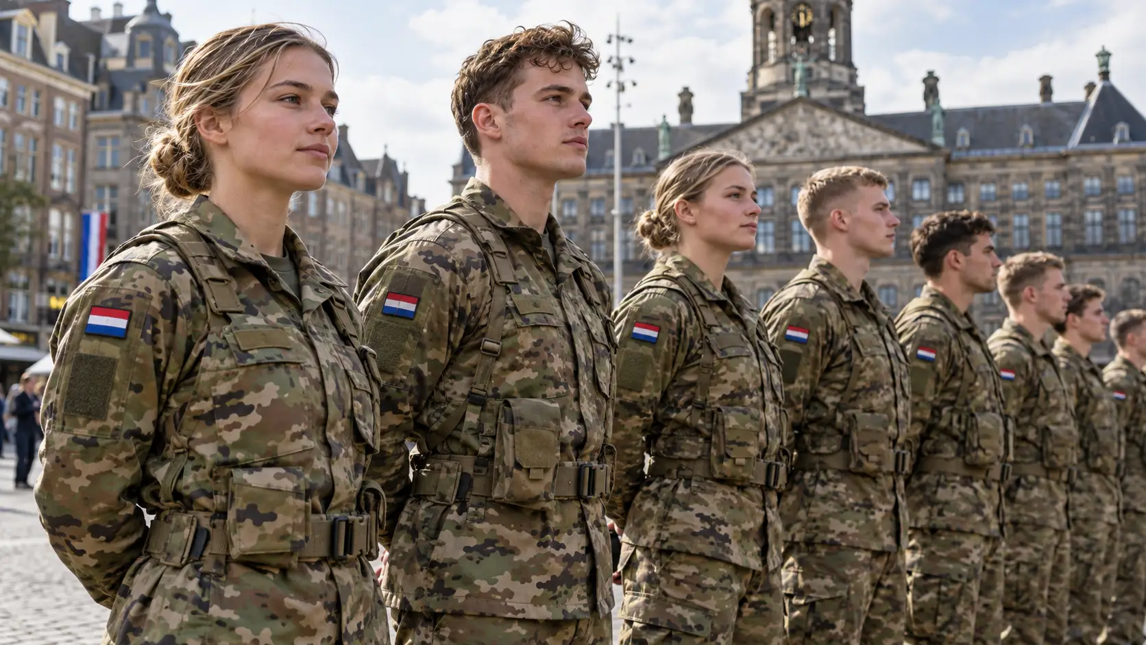 Jonge militairen in camouflage-uniform staan in een rij op de Dam in Amsterdam
