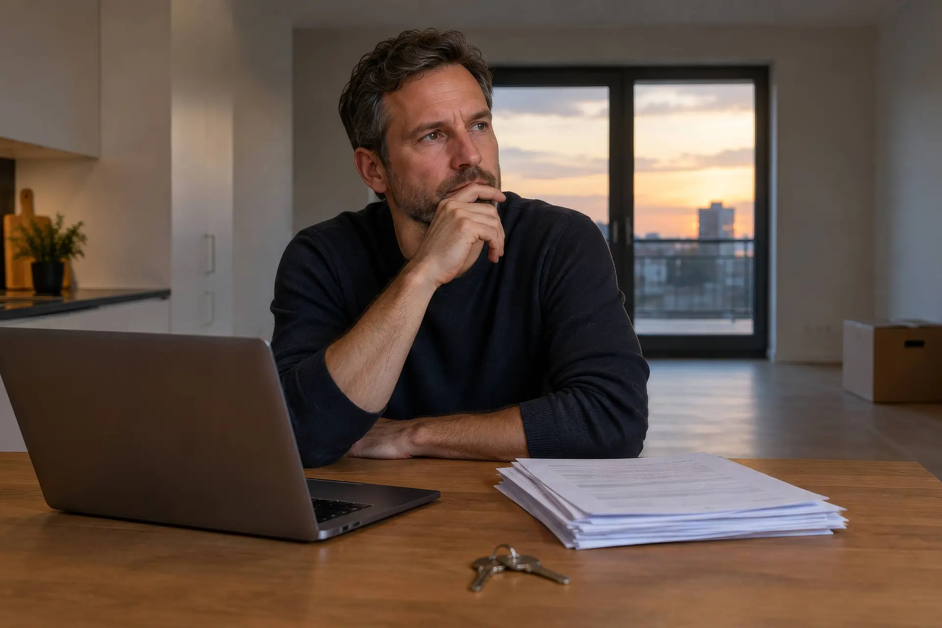 Man aan de keukentafel in een nieuw appartement met een laptop, papieren en twee huissleutels