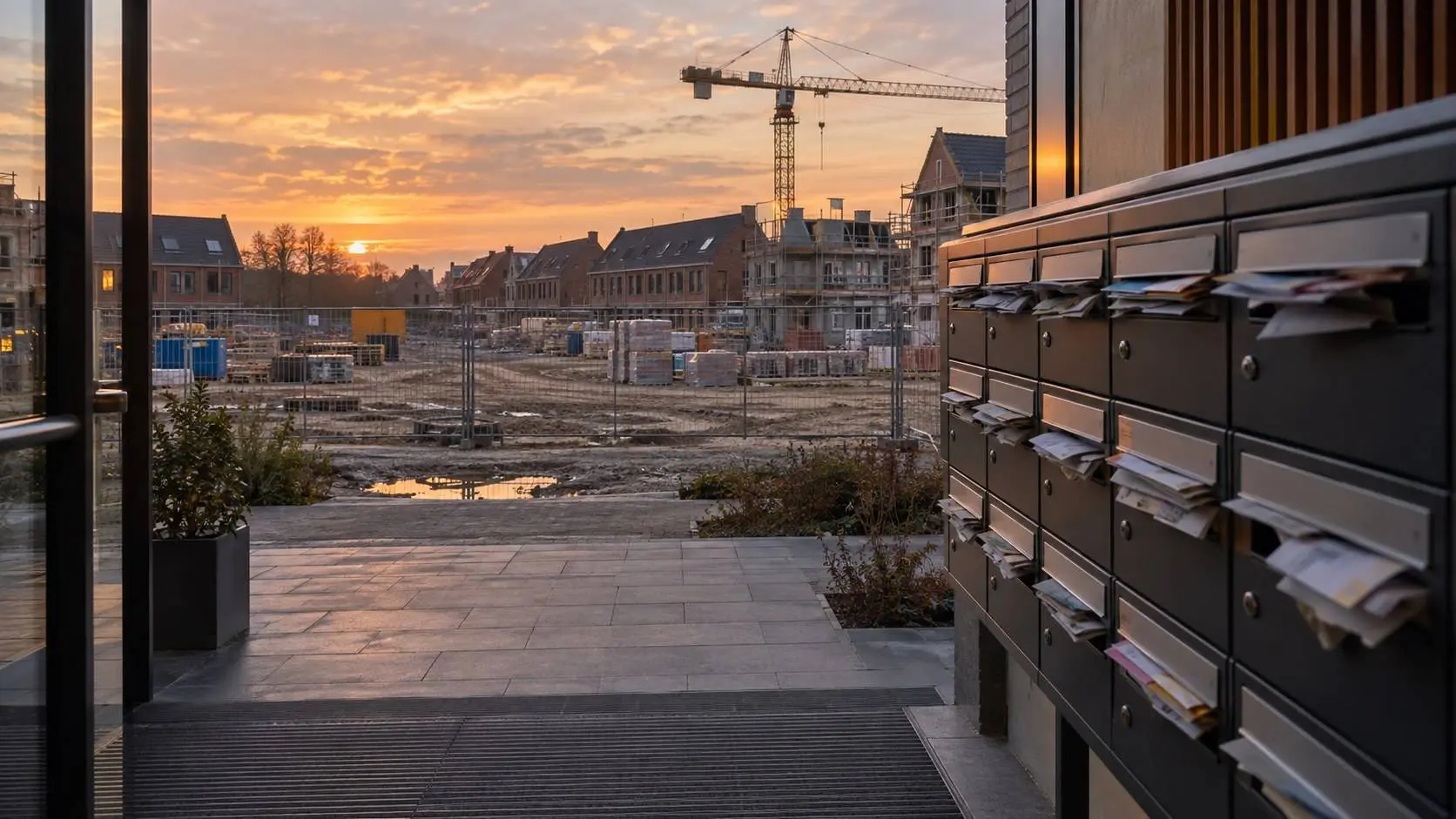 Stilstaande bouwkraan boven een half afgebouwde nieuwbouwwijk bij schemering, symbool voor de aanhoudende woningnood