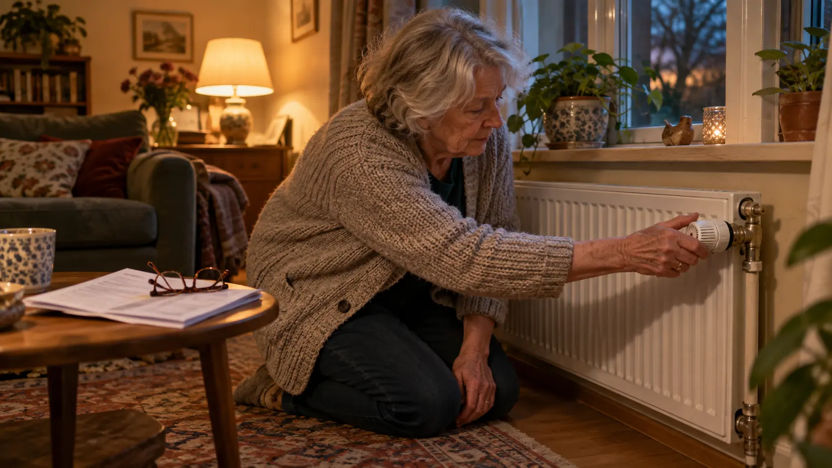 Oudere vrouw in een vest draait aan de thermostaatknop van een radiator in de woonkamer
