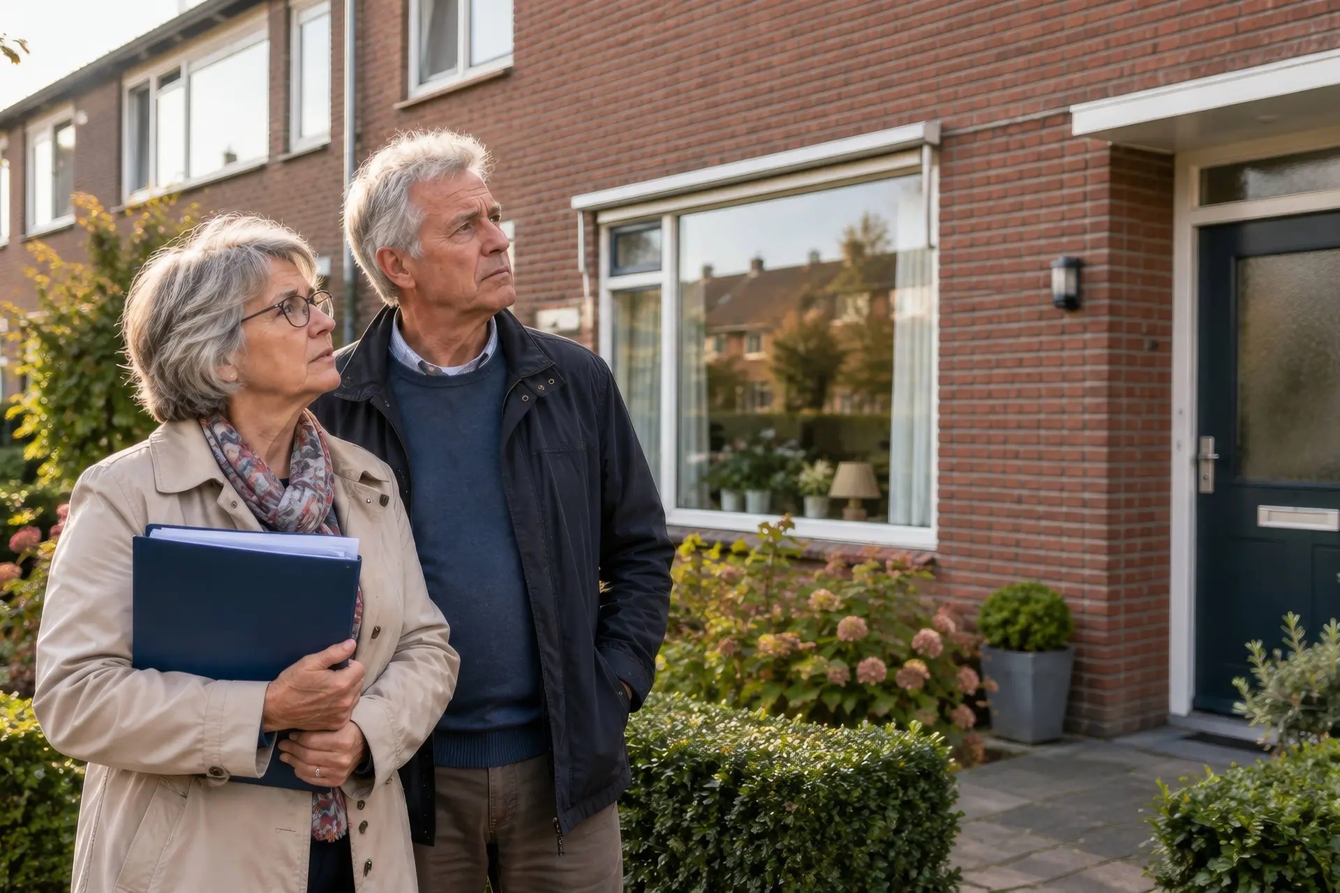 Ouder stel staat met een map papieren voor hun bakstenen rijtjeshuis