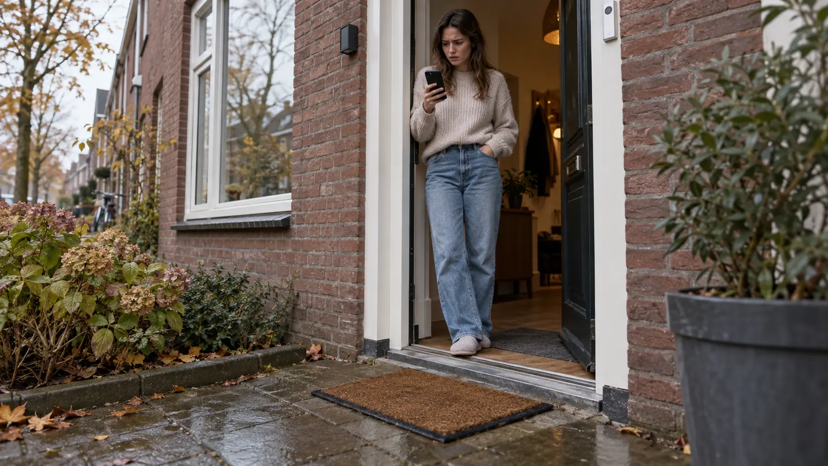 Vrouw staat bij haar voordeur en kijkt verbaasd op haar telefoon, de deurmat is leeg.