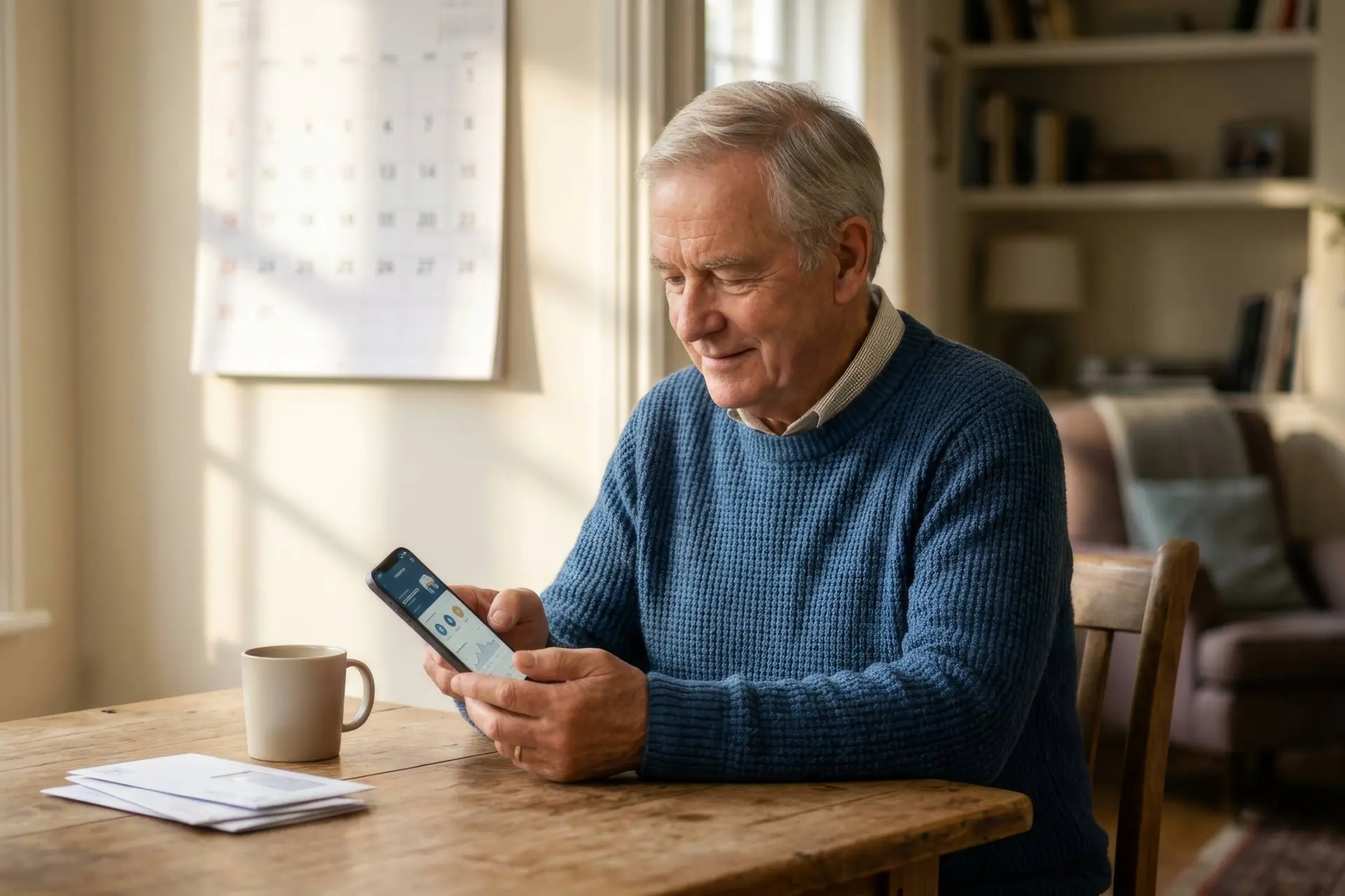 Oudere man aan tafel kijkt op zijn telefoon naar zijn bankrekening, met een kalender op de achtergrond