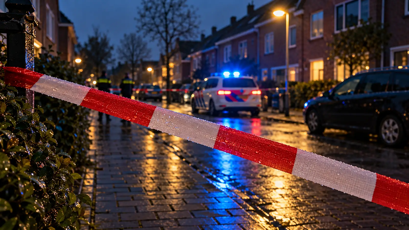 Politielint en een politieauto met zwaailichten in een woonstraat in de avond