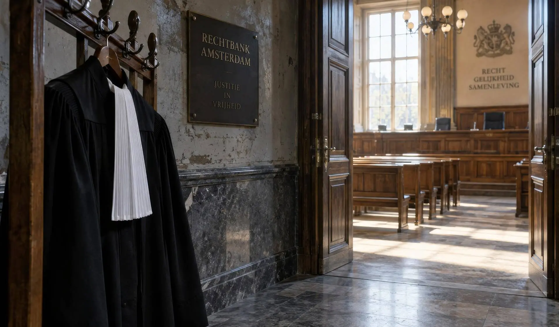Rechterstoga naast een lege rechtszaal bij het debat over politieke uitlatingen van rechters.
