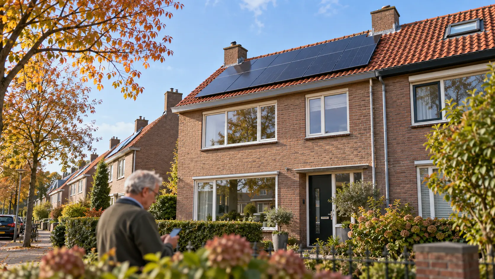 Rijtjeshuis met zonnepanelen op het dak, met op de voorgrond een man die op zijn telefoon kijkt.