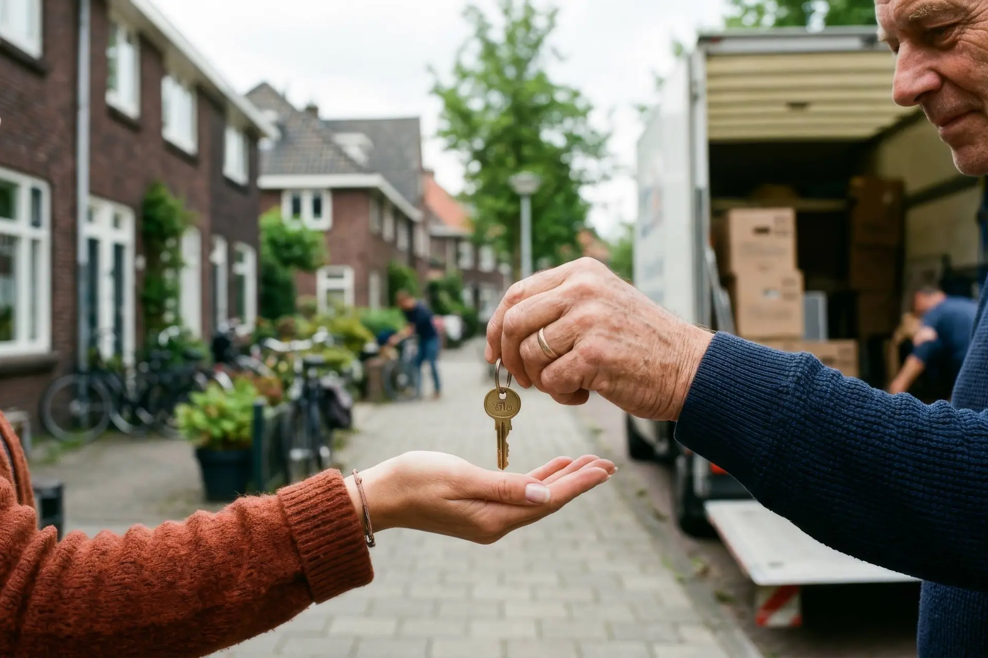 Illustratie van een ouder die een huissleutel aan een volwassen kind geeft.
