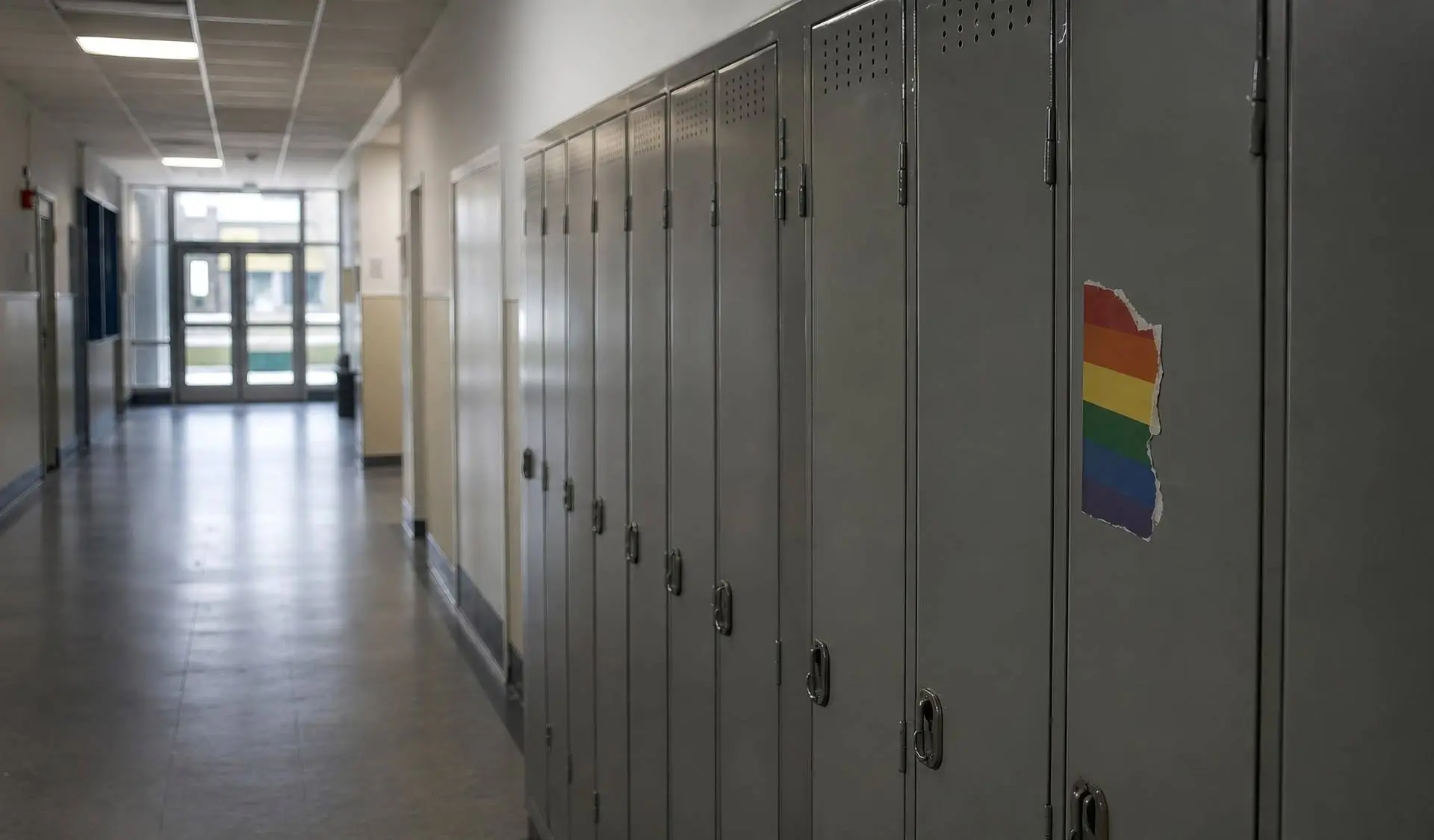 Lege schoolgang met een half afgescheurde regenboogsticker op een kluisje, bij de dalende homoacceptatie onder scholieren.