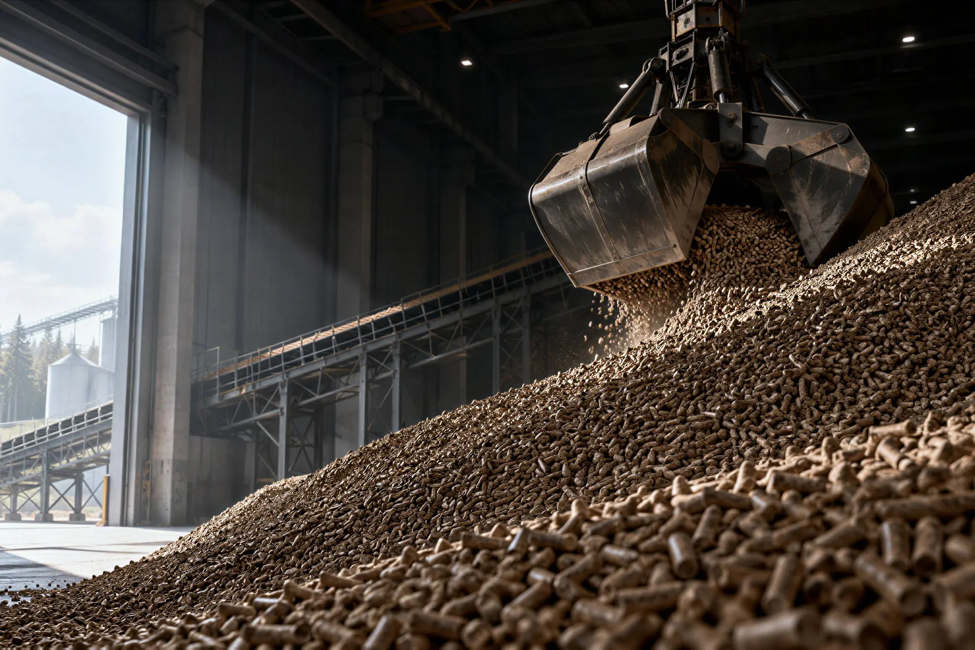 Illustratie van houtpellets in een opslaghal bij vragen over biomassasubsidies en herkomstcontroles.