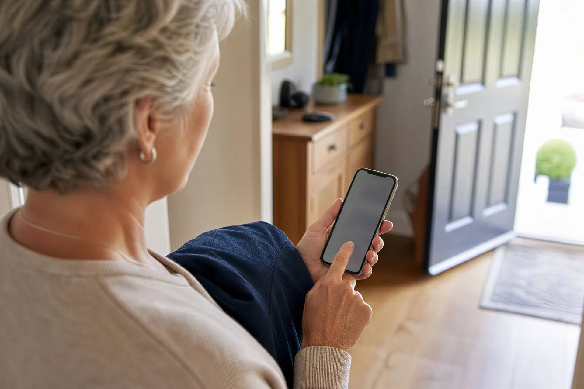 Illustratie van een oudere vrouw die haar telefoon gebruikt voor digitale administratie.