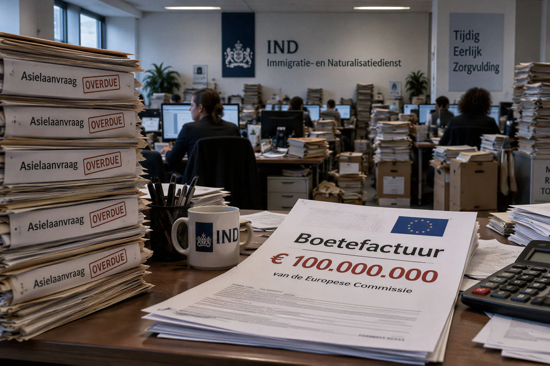 IND-kantoor met stapels dossiers en een torenhoge dwangsom-rekening.