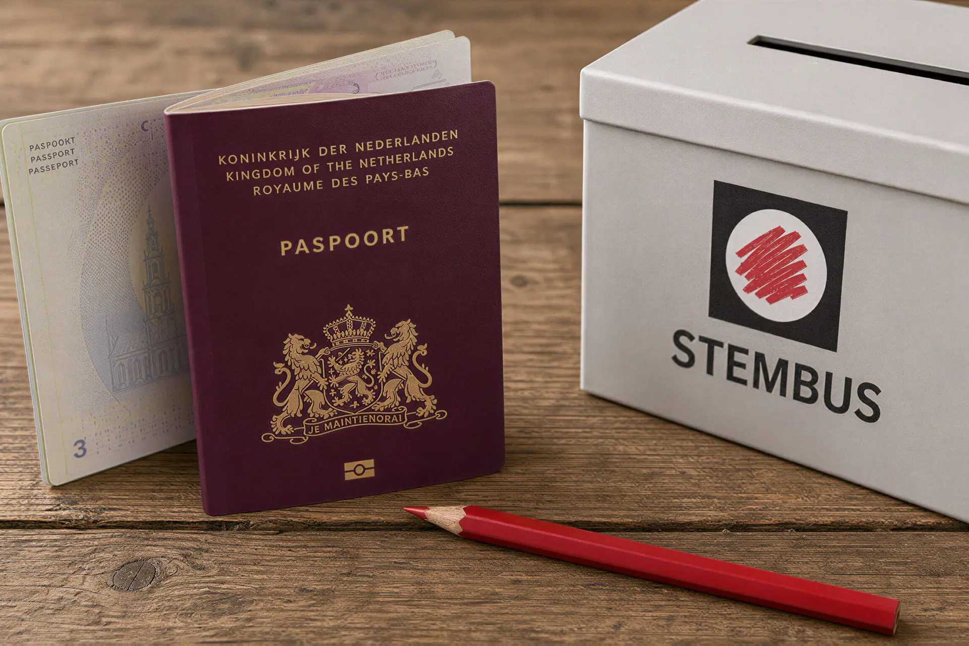Nederlands paspoort en rood potlood bij een stembus.