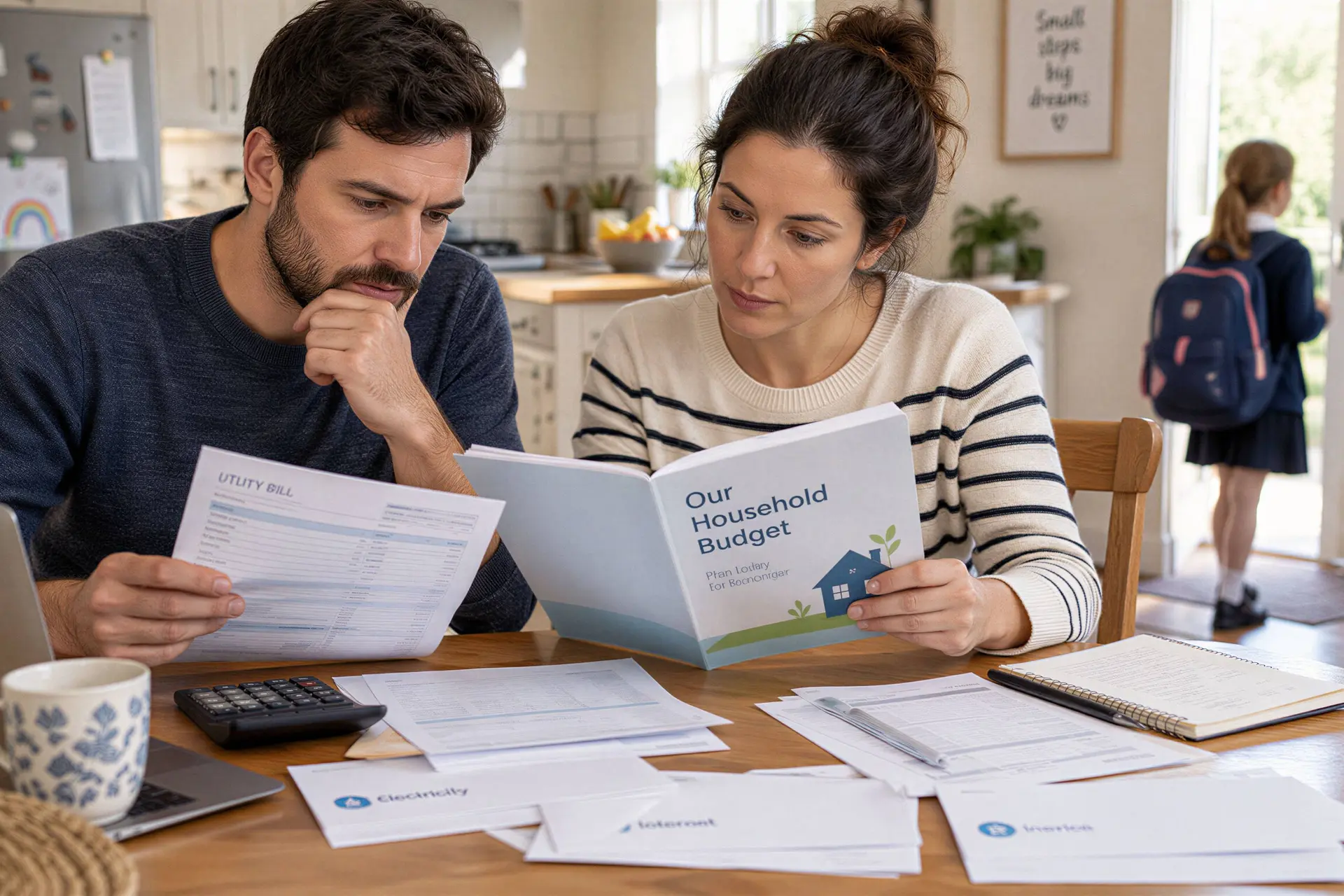 Ouders aan tafel die de gezinsfinanciën doornemen.