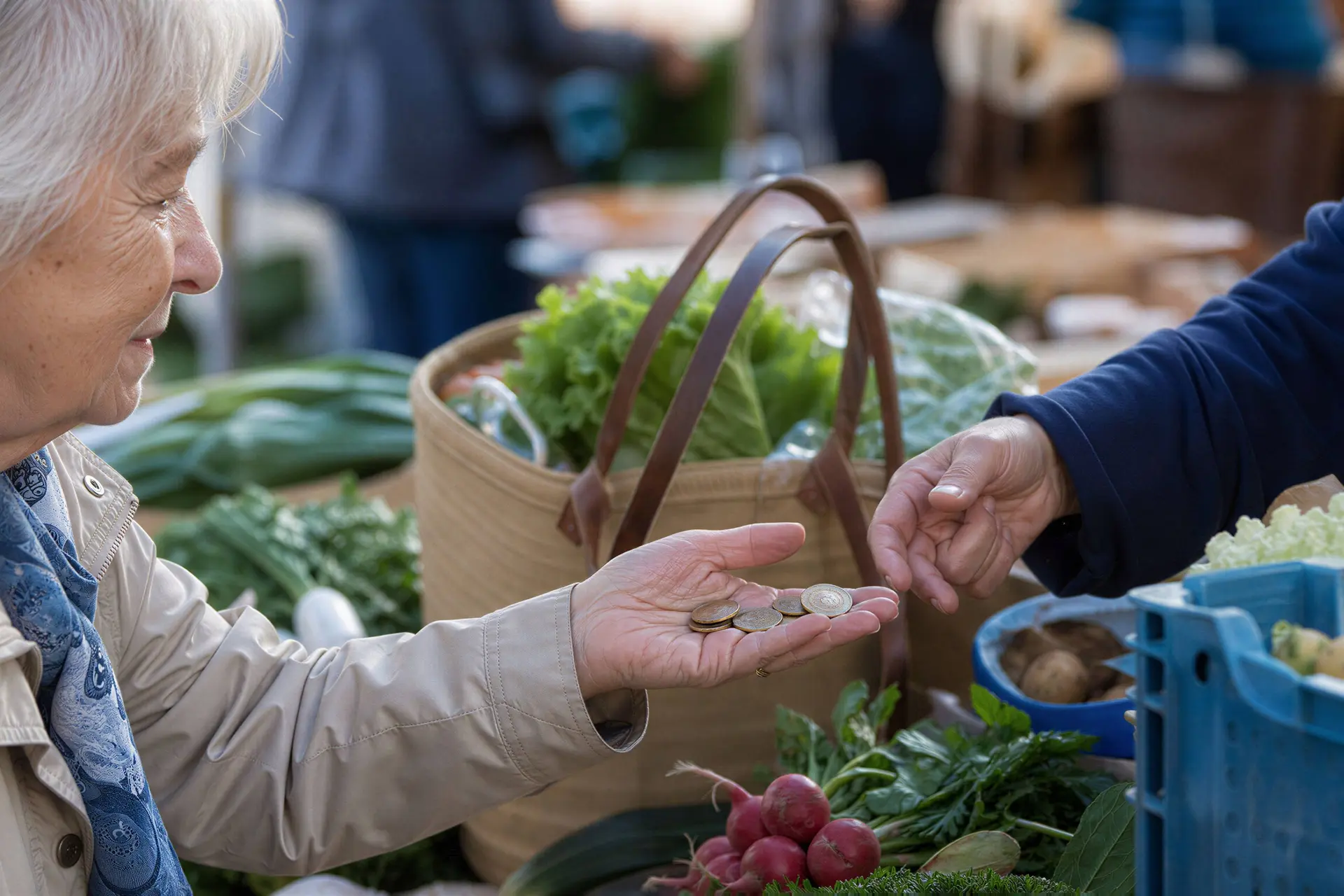 Illustratie van een oudere vrouw die haar boodschappen op de markt afrekent.