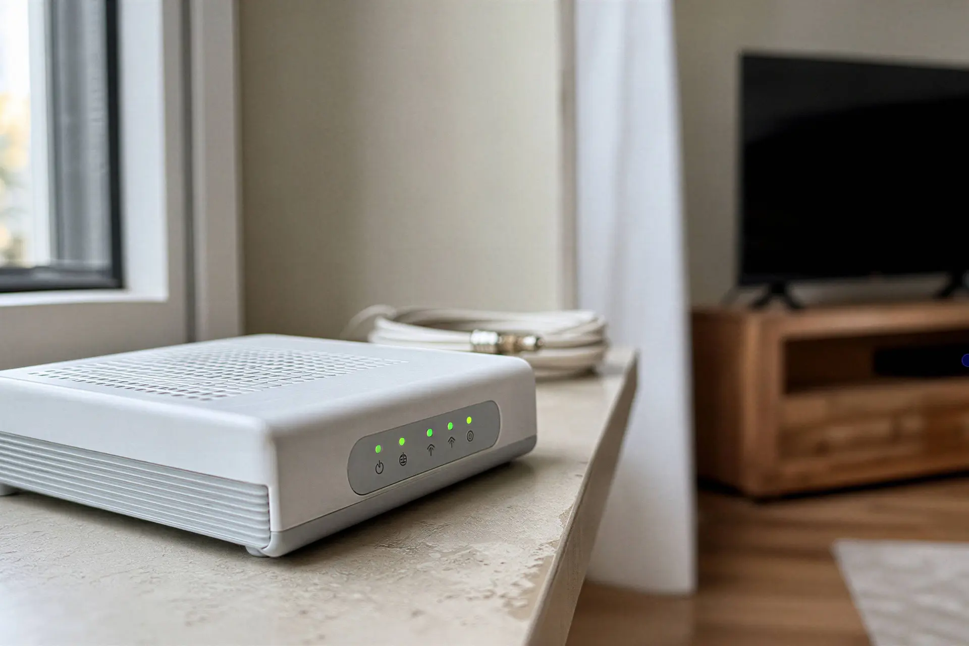 Illustratie van een ouder internetmodem in een woonkamer bij een artikel over abonnementskosten.