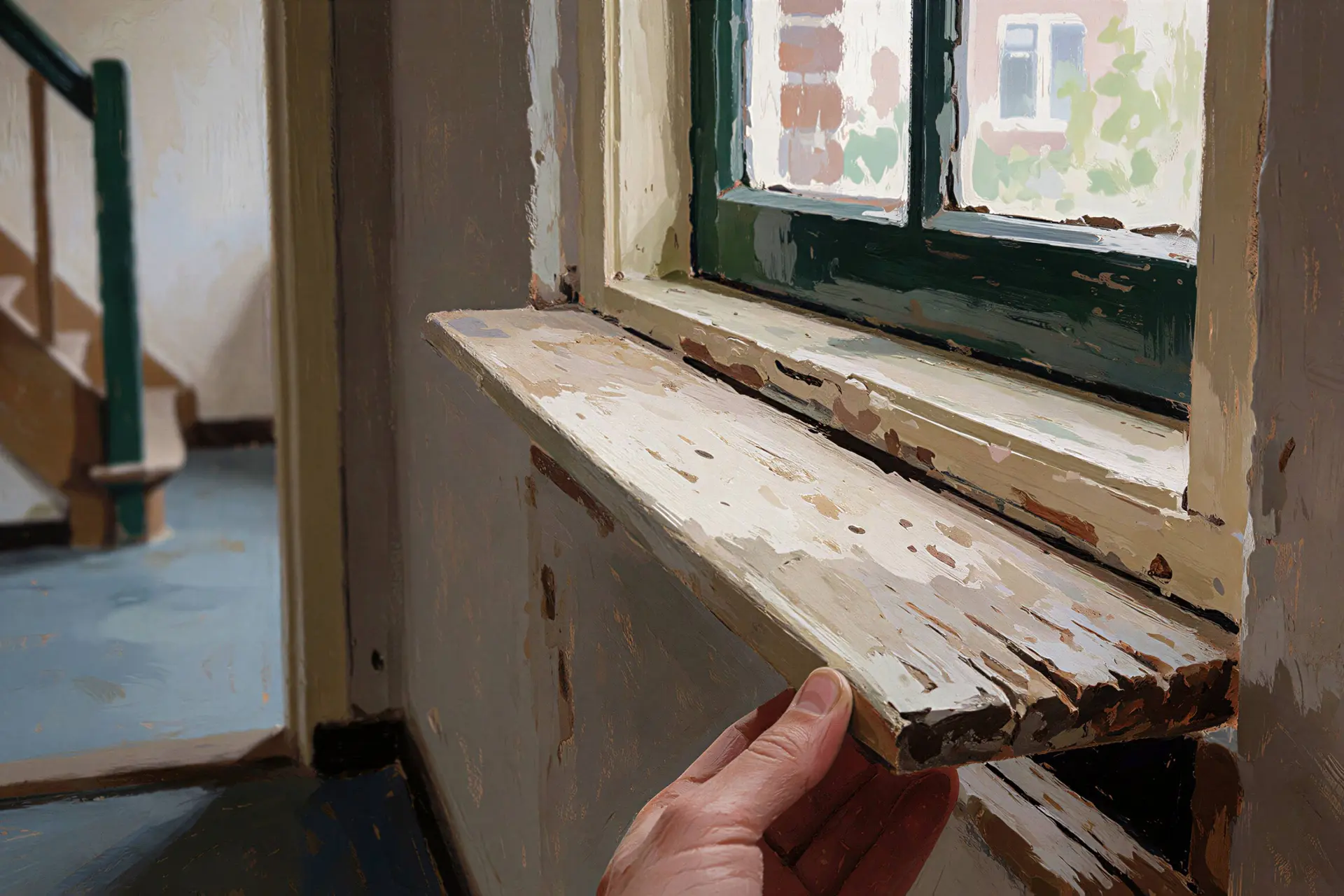 Illustratie van een woningzoeker die tijdens een bezichtiging onderhoud aan een vensterbank bekijkt.