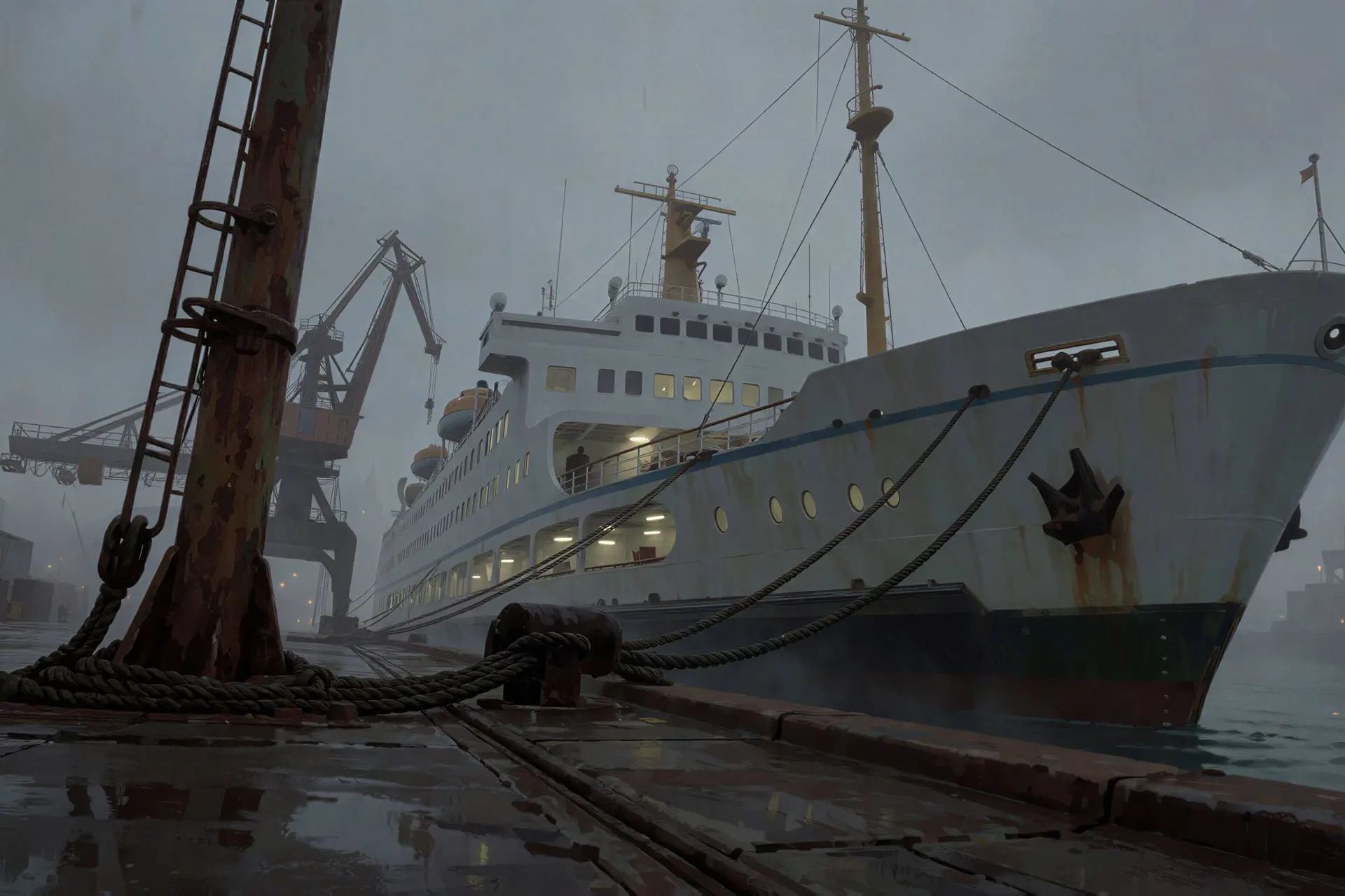 Illustratie van een grote passagiersveerboot die stevig ligt aangemeerd, bij een artikel over langdurige asielopvang.
