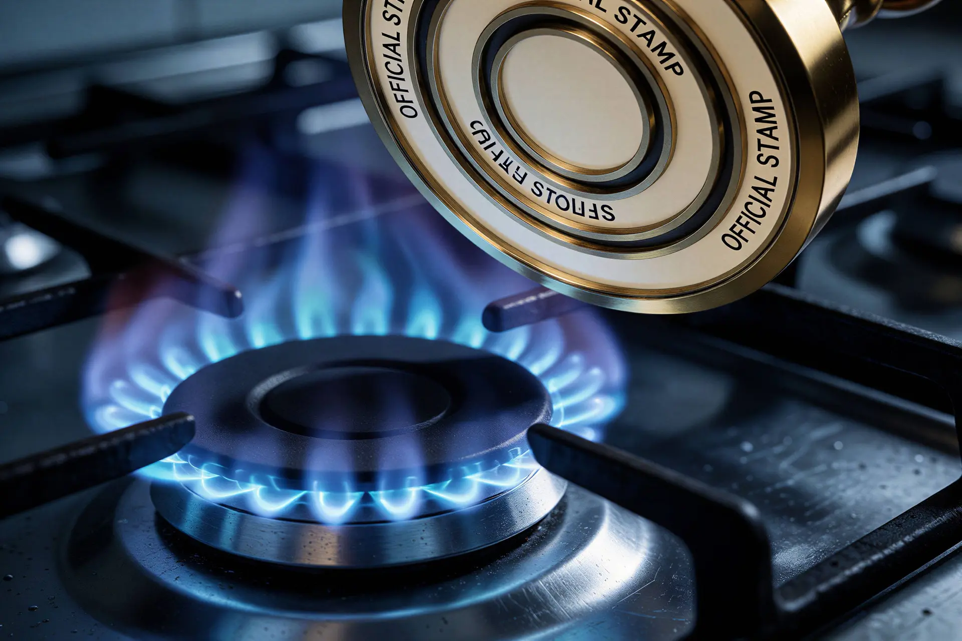 Blauwe gasvlam met ambtelijke stempel als symbool voor de stijgende energiebelasting op aardgas.