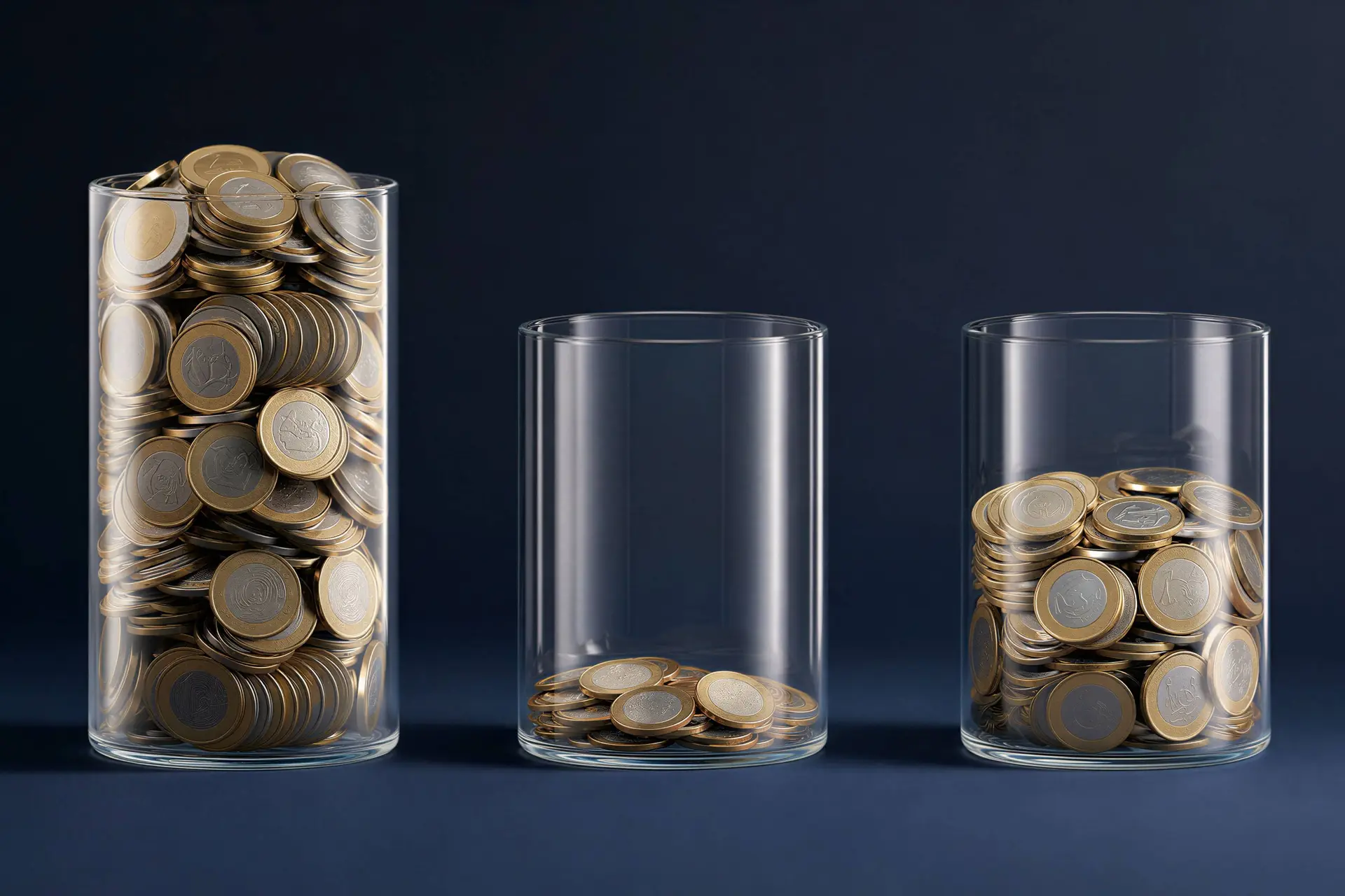 Illustratie van drie uiteenlopende jaarinkomens, weergegeven met verschillende hoeveelheden euromunten.