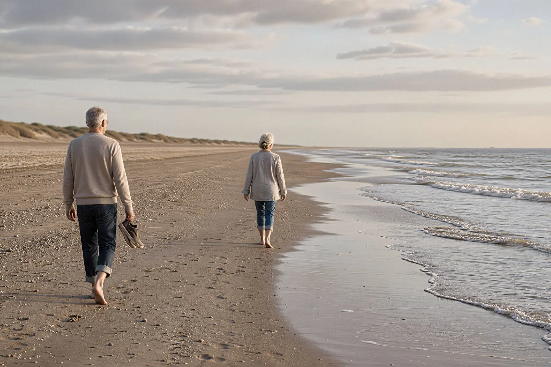 Illustratie van een ouder stel tijdens een rustige strandwandeling in september.