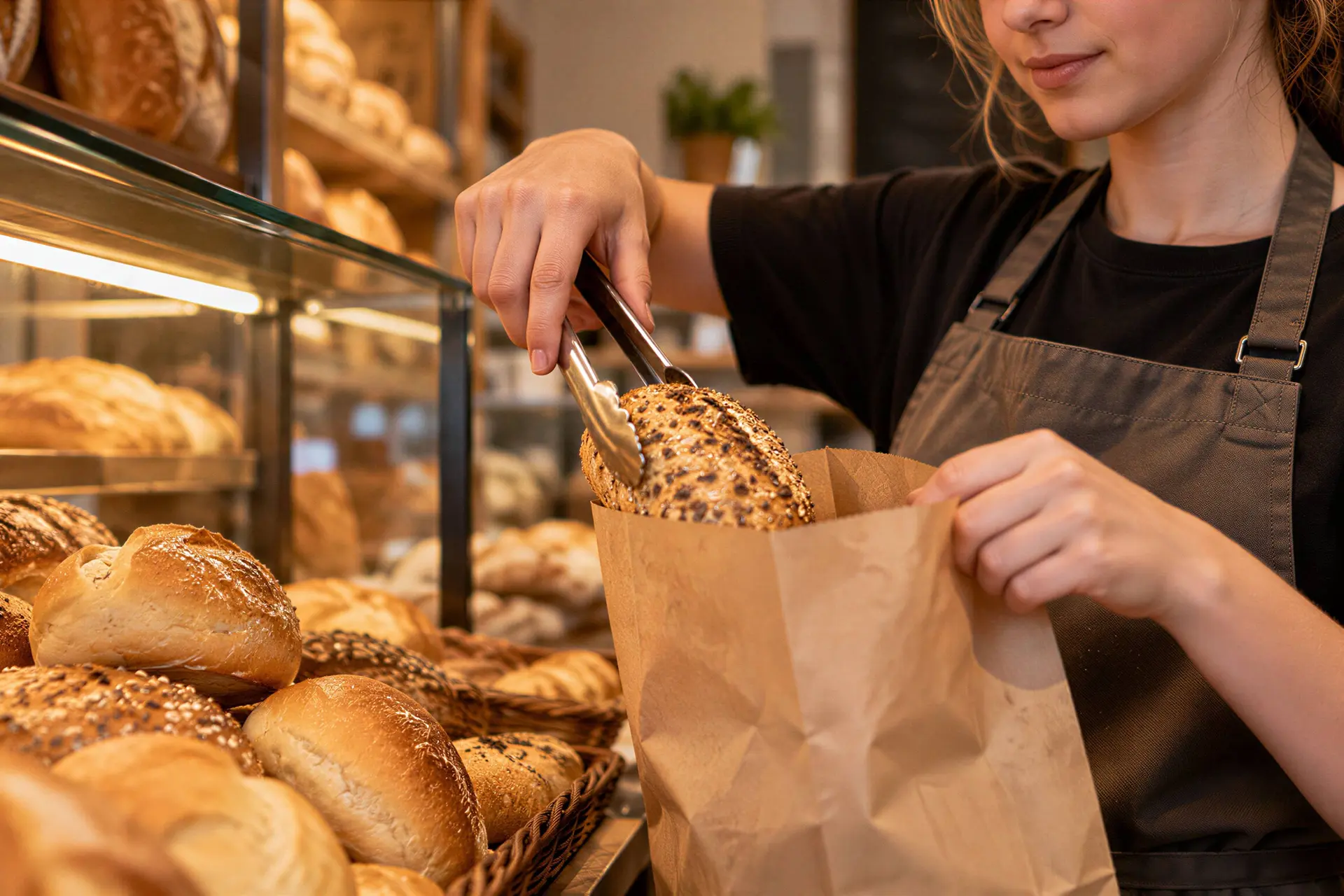 Illustratie van een scholier die tijdens een bijbaan broodjes inpakt in een bakkerij.