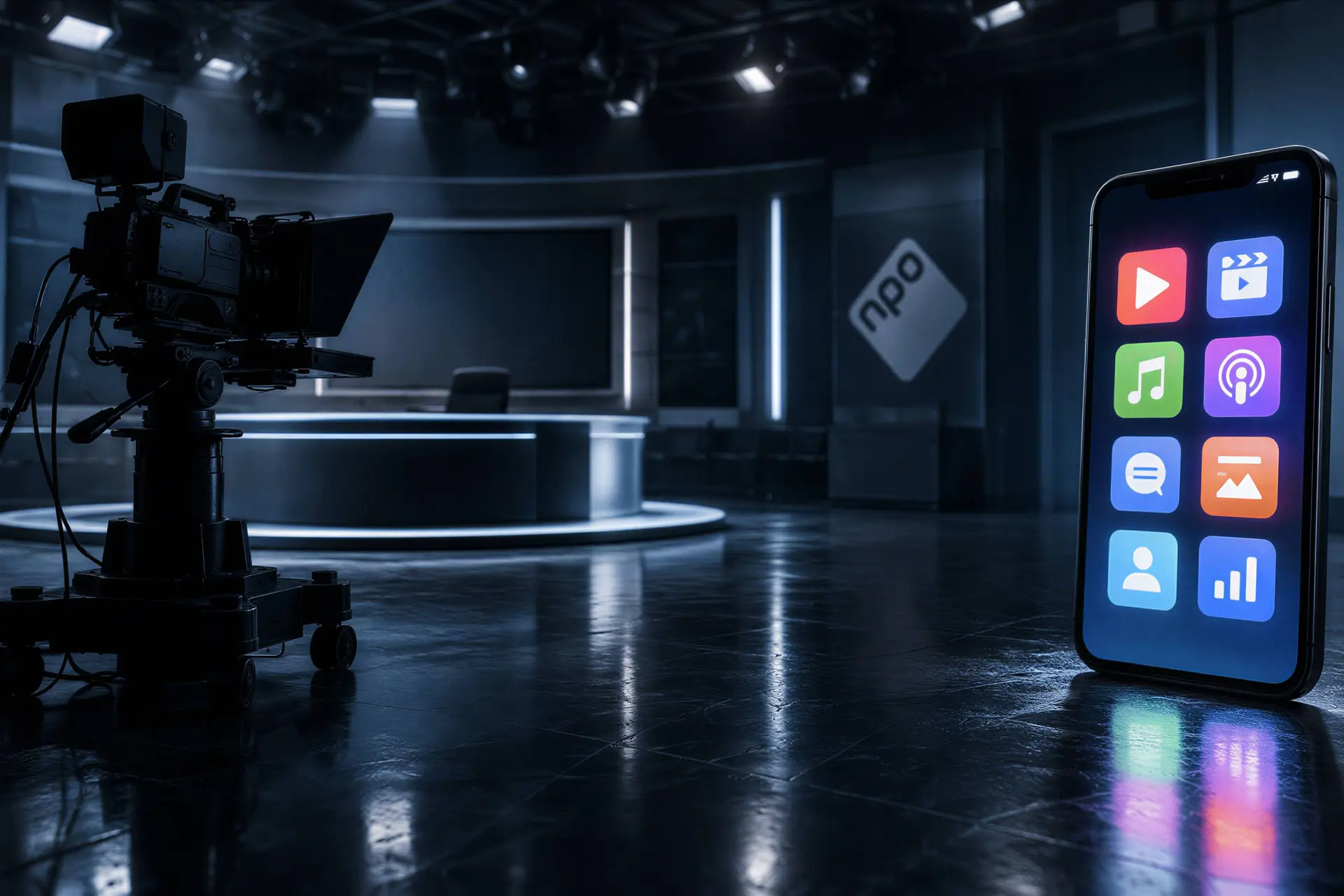 Verlaten televisiestudio met een camera en een smartphone, symbool voor de verschuiving naar streaming bij de NPO.