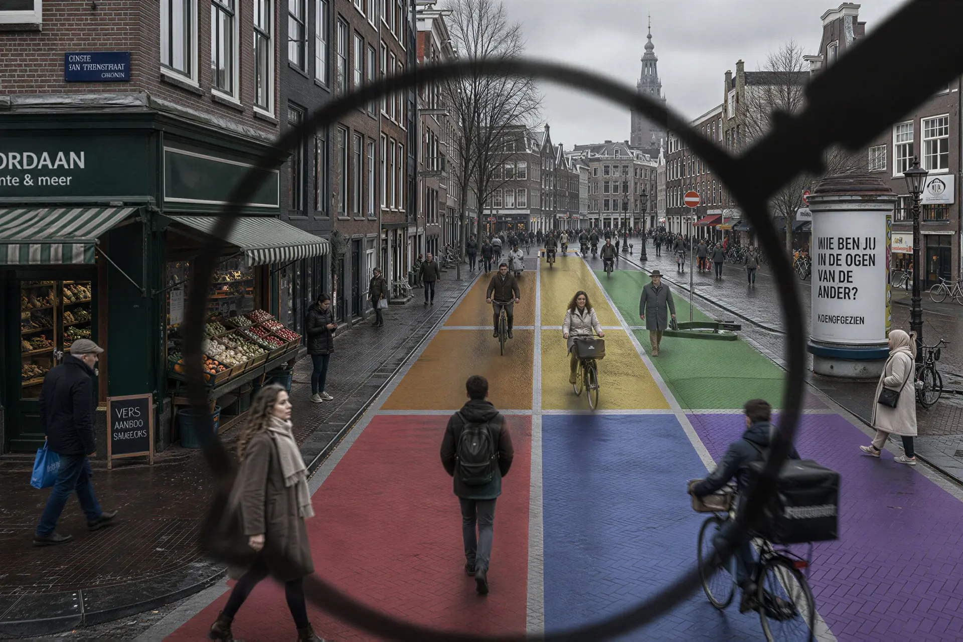 Amsterdamse straat die symbolisch wordt verdeeld door een identitair vergrootglas.