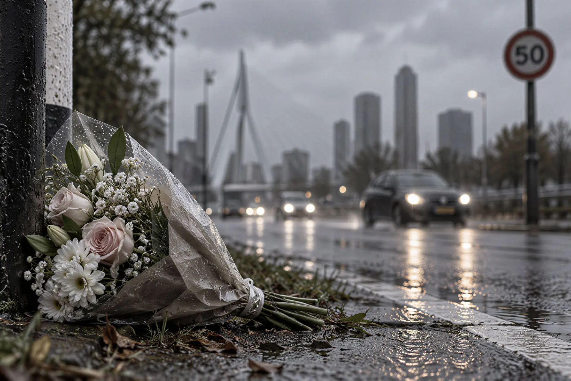 Bloemen langs de weg op de plek van de fatale aanrijding van de zwangere Elisabeth.