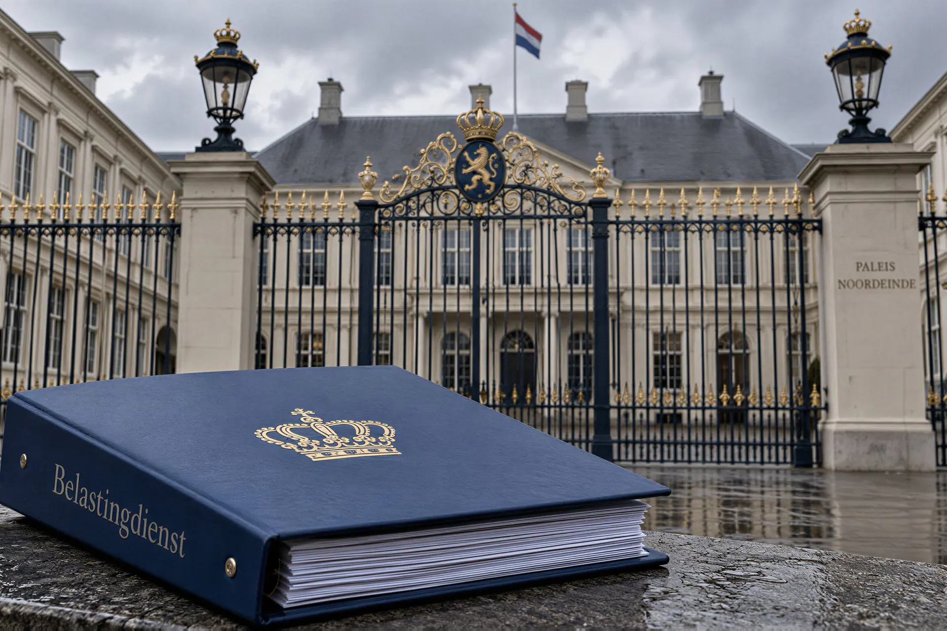 Paleis Noordeinde met een belastingdossier, symbool voor de koninklijke begroting.