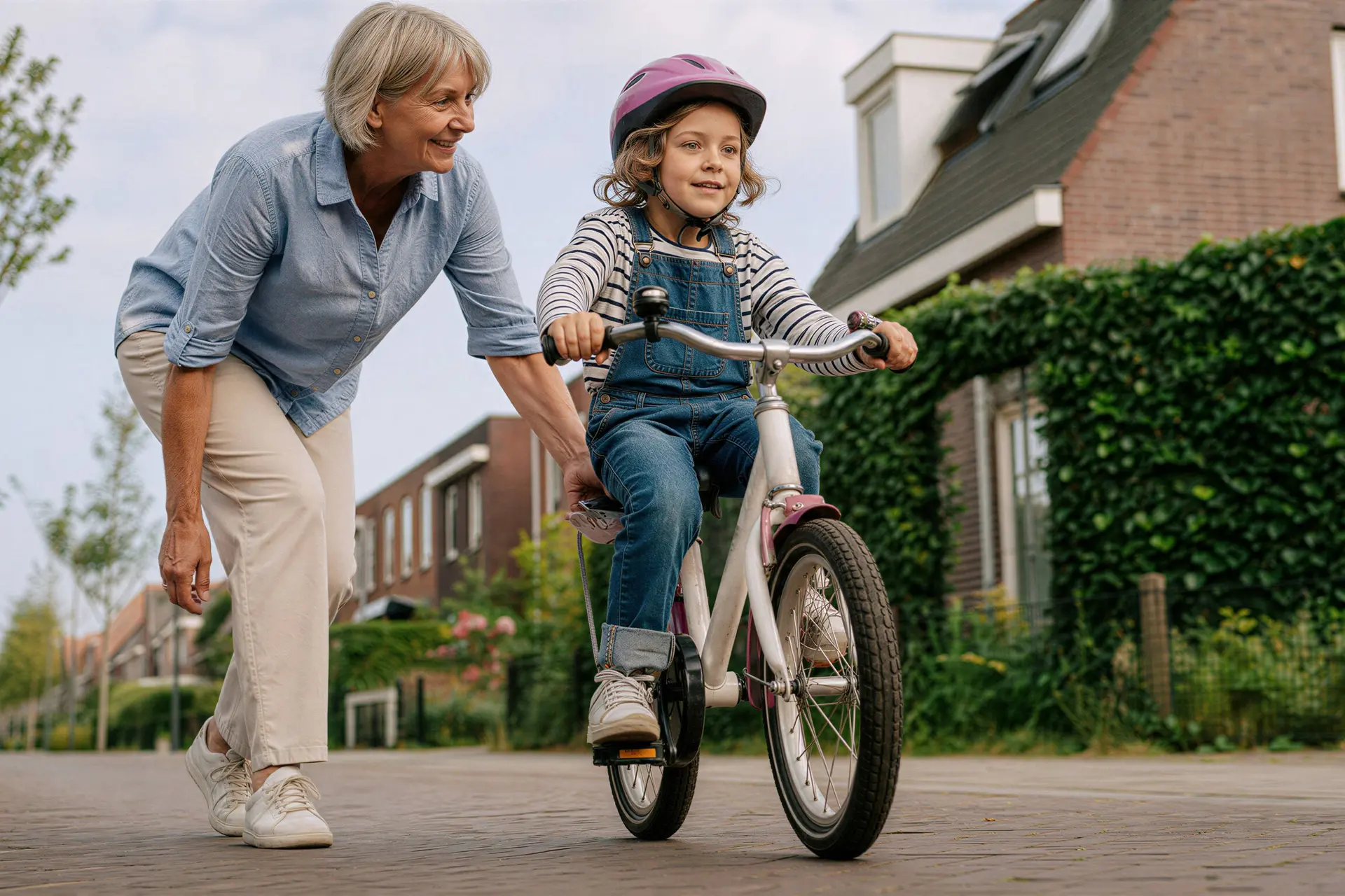 Illustratie van een oma die een kind leert fietsen, bij uitleg over AOW-opbouw tijdens jaren zonder betaald werk.