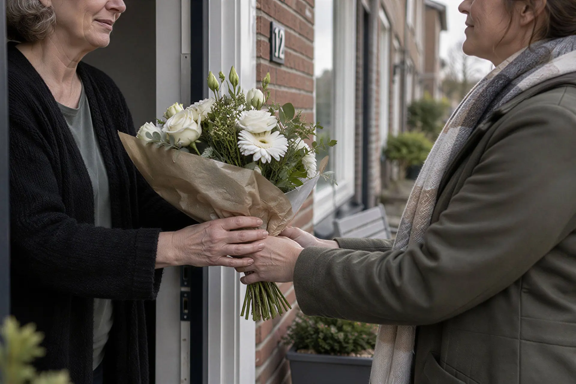 Illustratie van een nabestaande die bloemen ontvangt, bij informatie over een overlijdensuitkering van UWV.