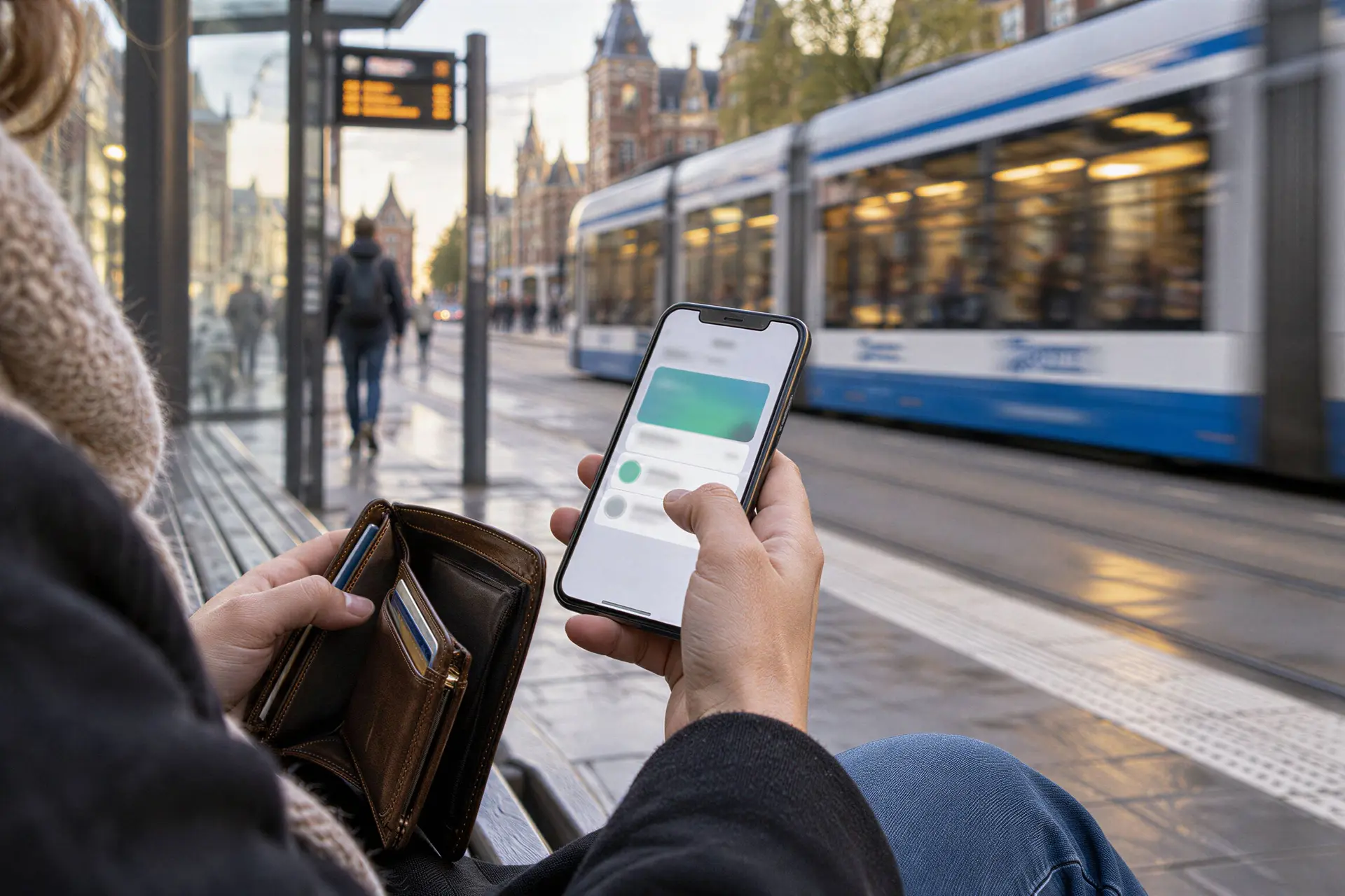 Iemand controleert een betaling op een smartphone bij een tramhalte.