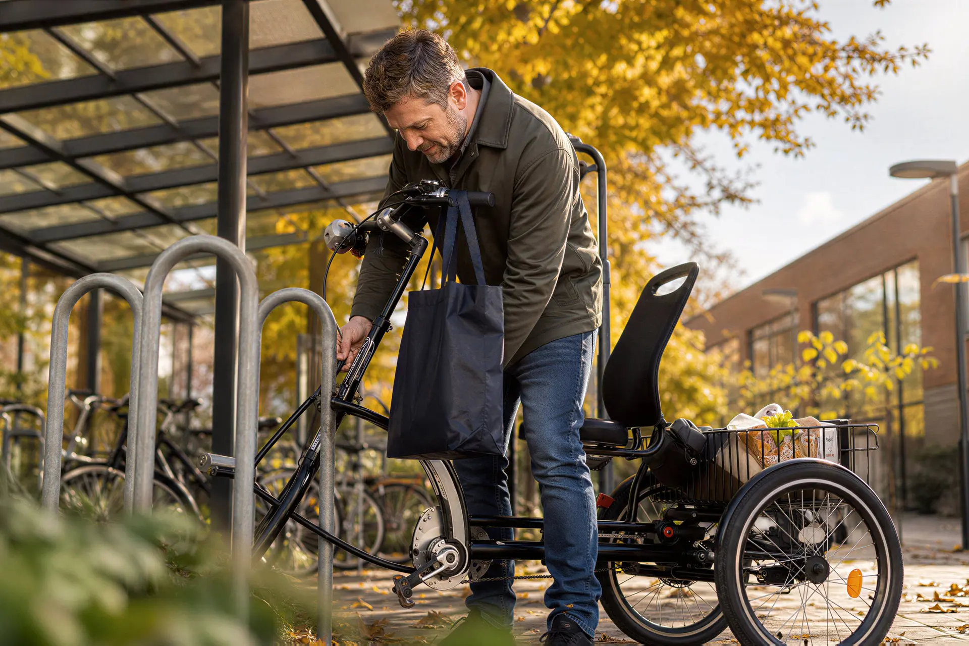 AI-illustratie van een man met een aangepaste fiets bij een boodschappenrit.