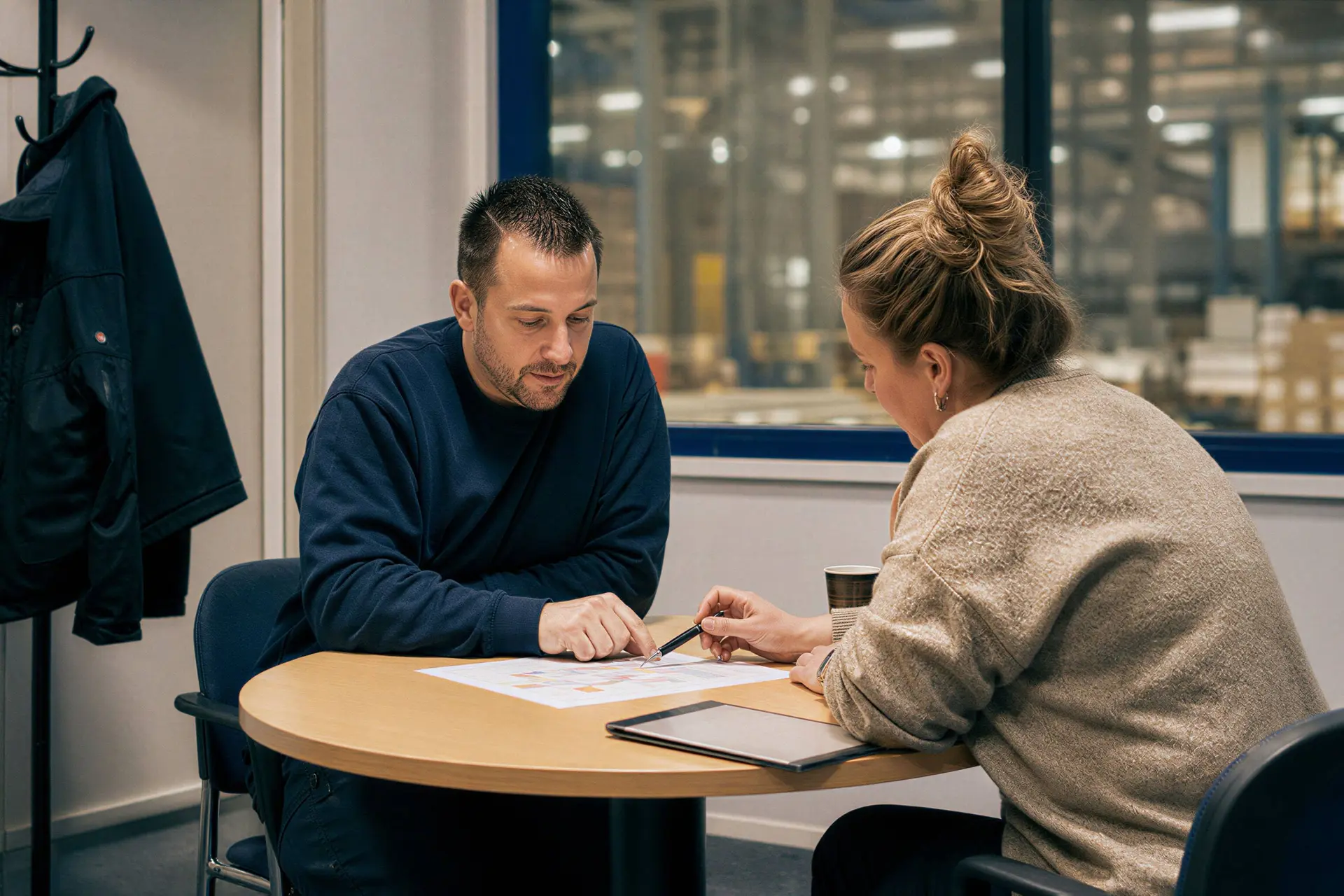 Illustratie van een medewerker die een werkrooster bespreekt tijdens re-integratie.