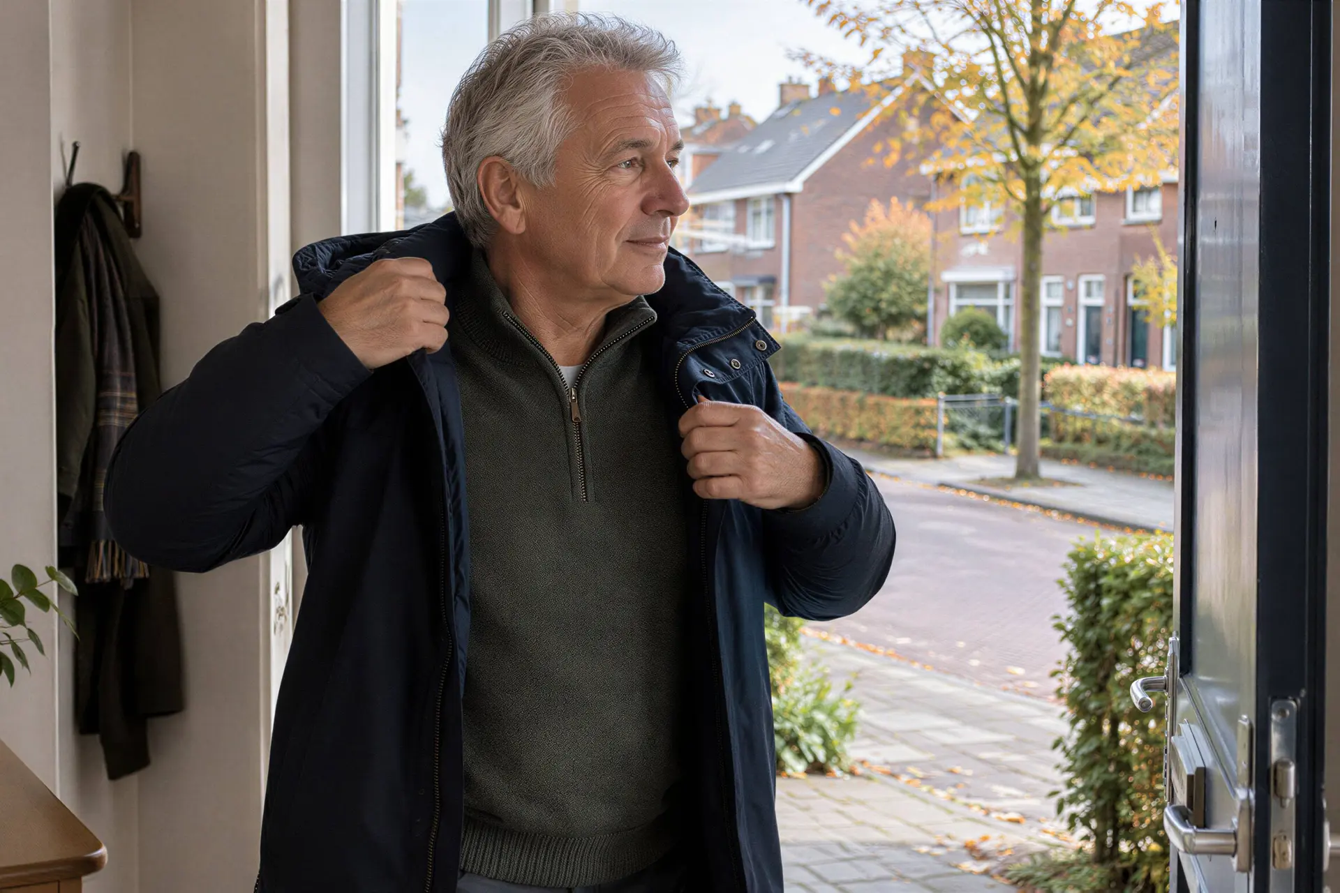 Man van 66 trekt zijn jas aan voor een wandeling in een Nederlandse woonwijk.