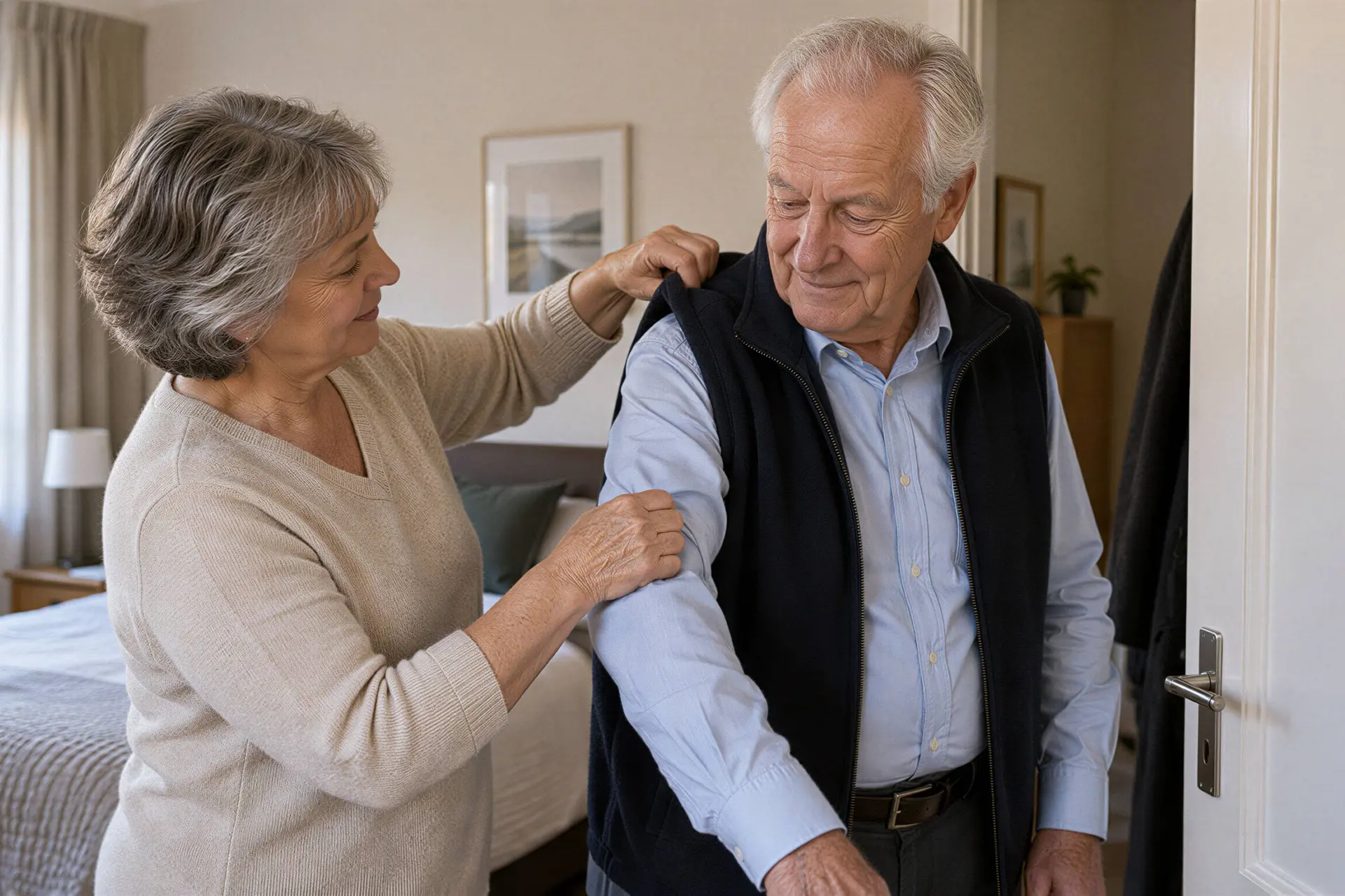 Vrouw helpt haar partner met het aantrekken van een vest tijdens de dagelijkse mantelzorg.