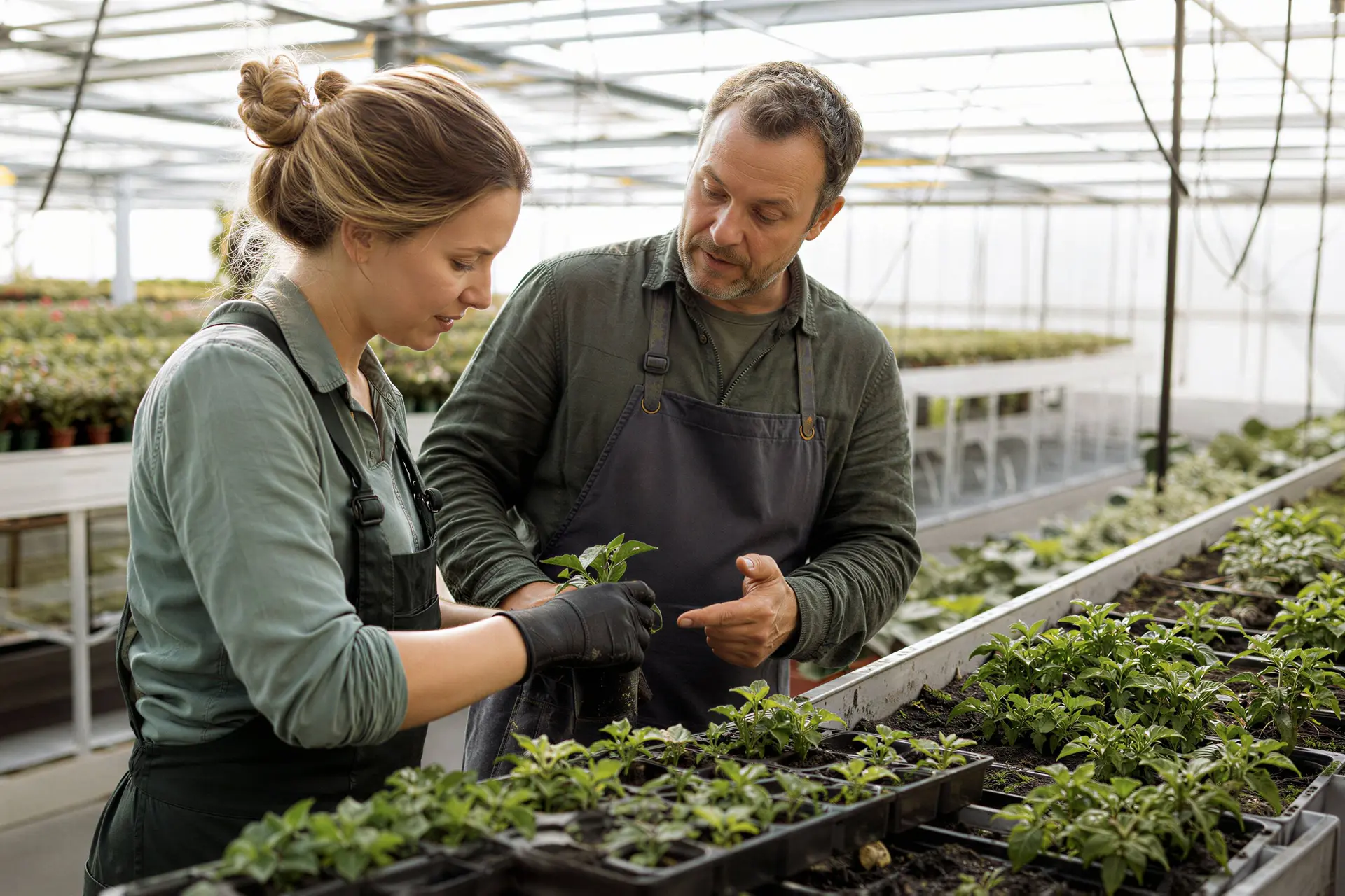 Nieuwe medewerker leert planten sorteren tijdens het inwerken bij een kwekerij.