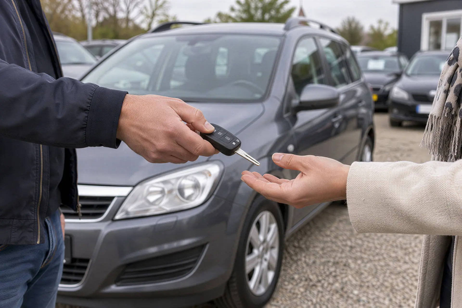 Autosleutel wordt overhandigd bij een tweedehands gezinsauto op een occasionterrein.
