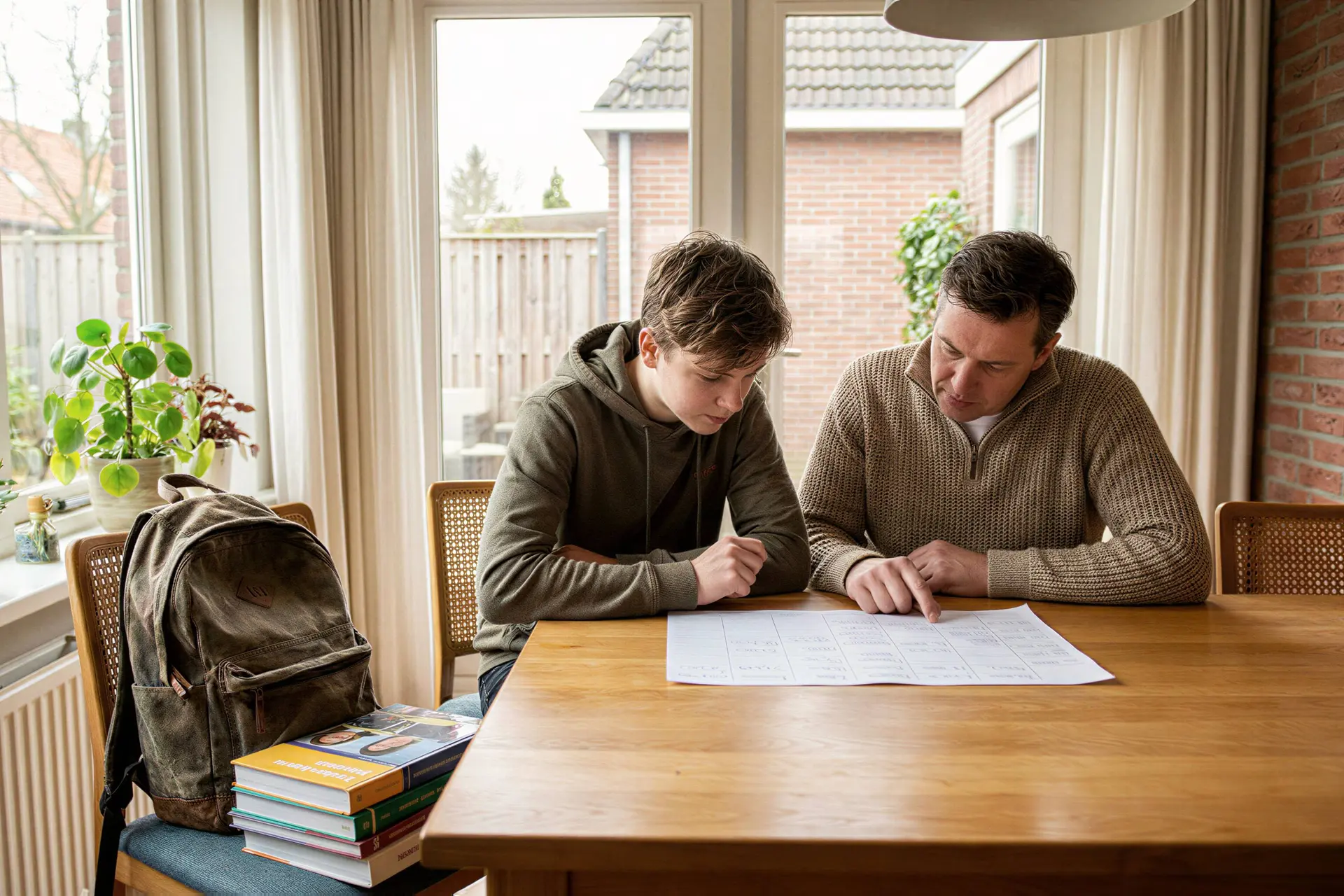 Ouder en student bekijken samen de administratie voor het studiejaar.