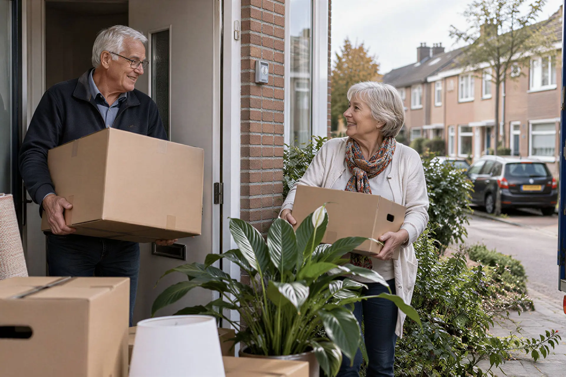 Oudere broer en zus met verhuisdozen bij een woning.